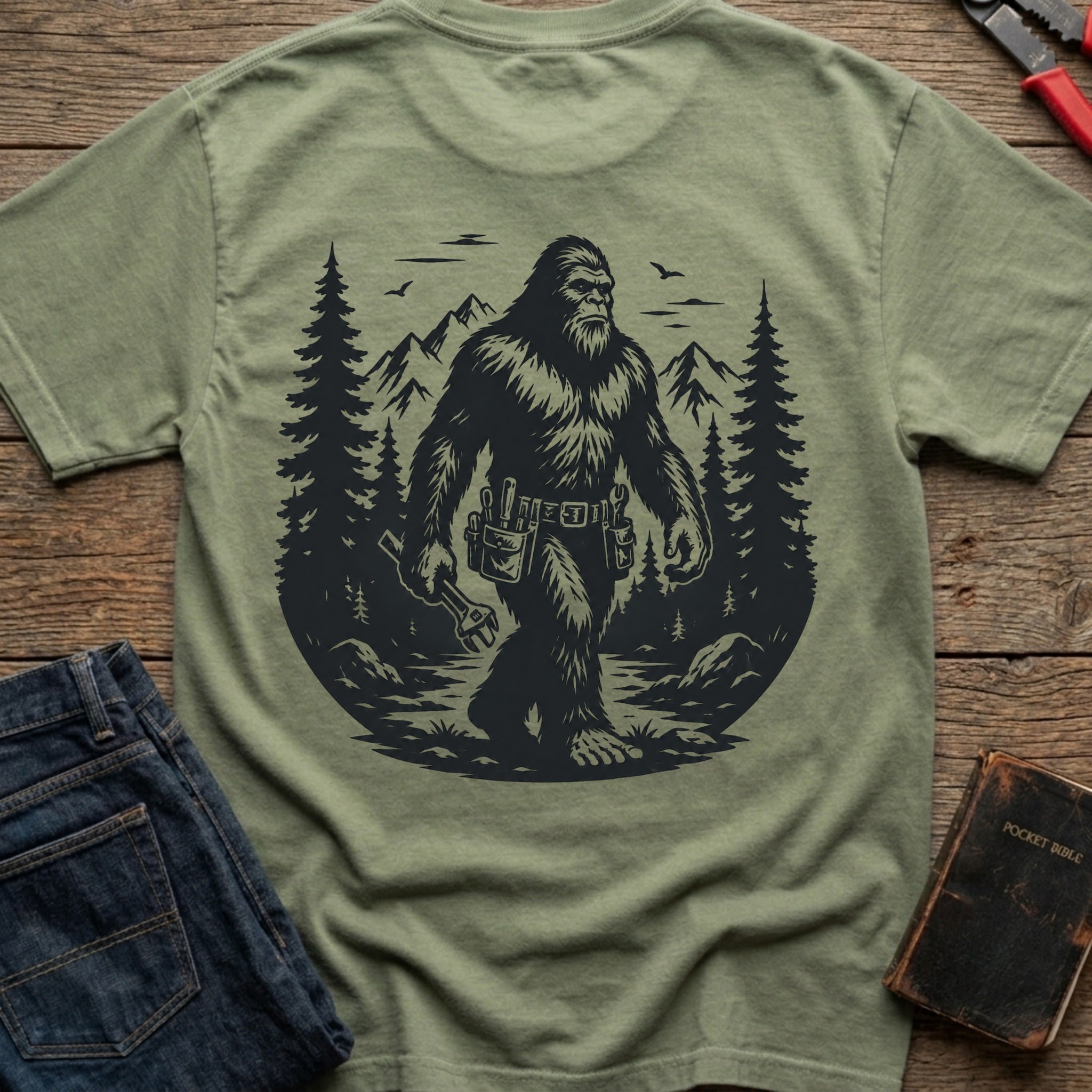 CrossGritOS|asset=6|template=5|color=Moss|view=back|file=Bigfoot-Electrician-T-Shirt-6a4d3ed23fcdce69cd0adc74-printify-art-2-2_Moss_back_template-5.jpg