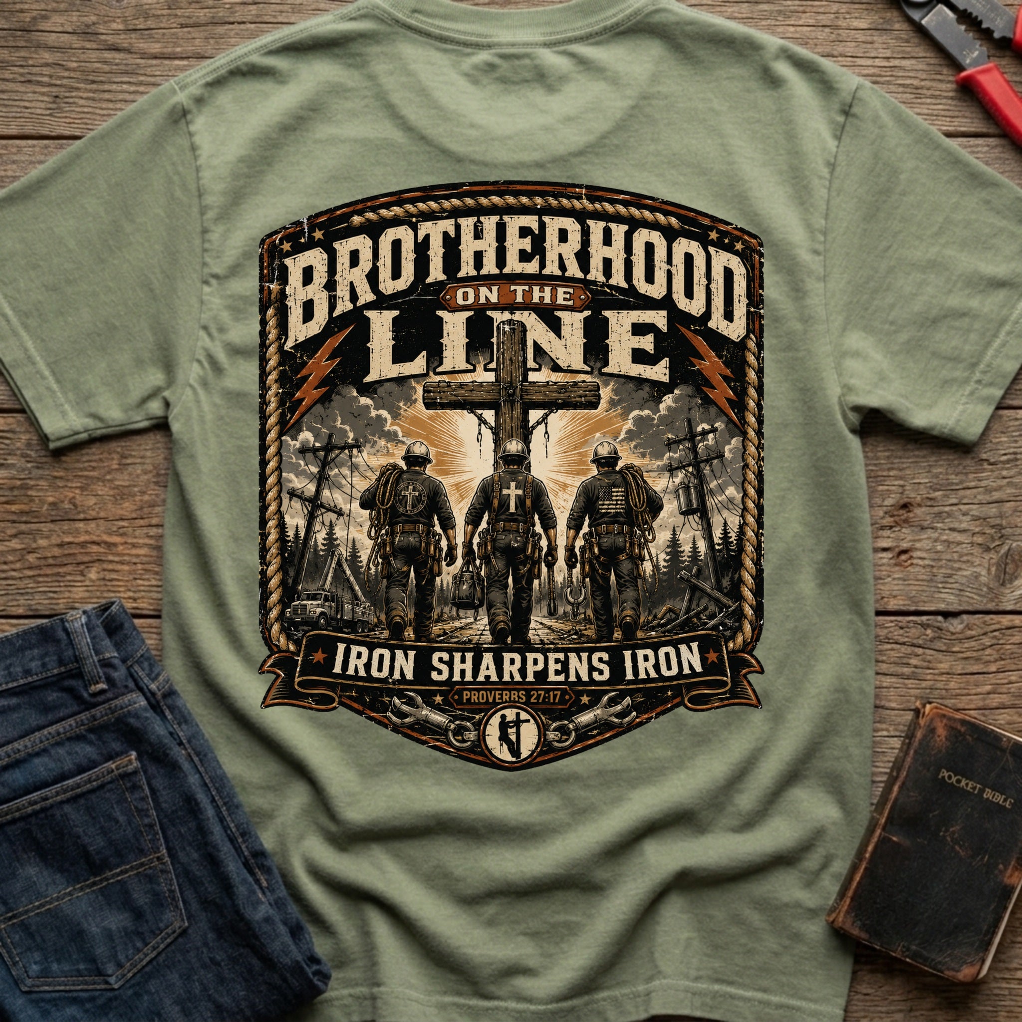 CrossGritOS|asset=54|template=5|color=Moss|view=back|file=Brotherhood-On-The-Line-T-Shirt-6a553526566692467d038bb6-printify-art-1-2_Moss_back_template-5.jpg