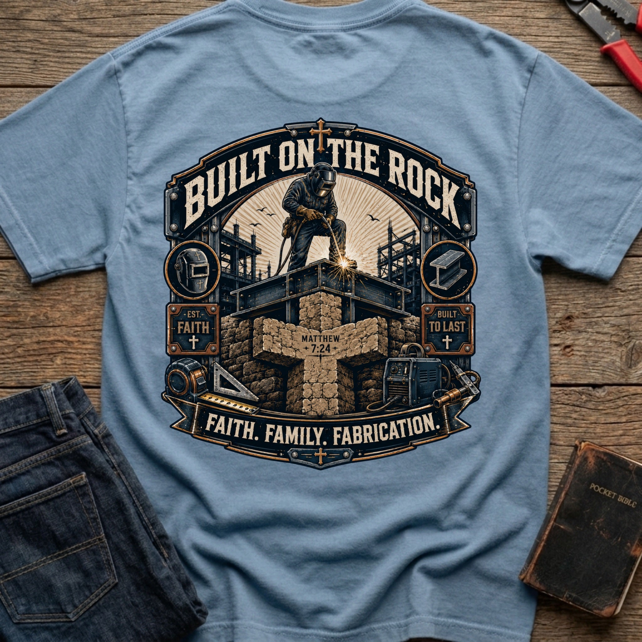 CrossGritOS|asset=80|template=6|color=Blue Jean|view=back|file=Built-On-The-Rock-T-Shirt-6a4fe1f06e3824081a05d359-printify-art-1-2_Blue-Jean_back_template-6.jpg