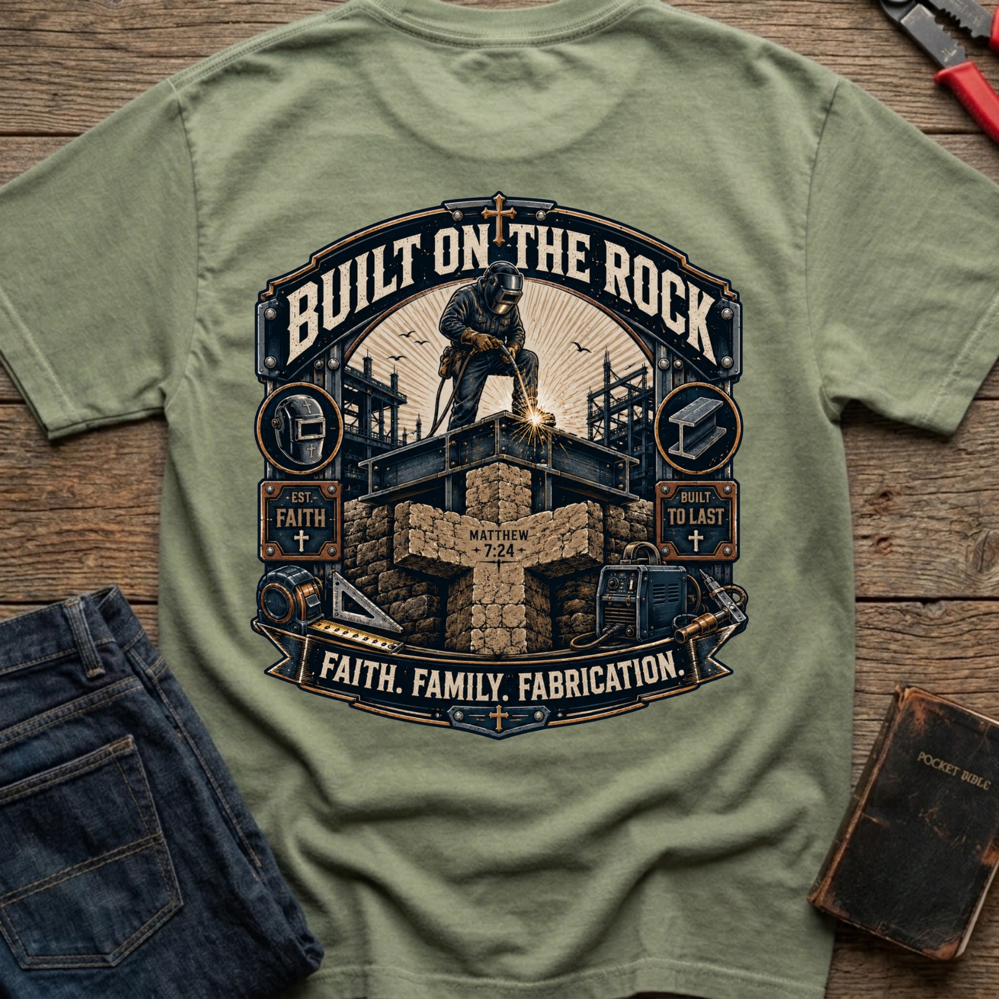 CrossGritOS|asset=80|template=5|color=Moss|view=back|file=Built-On-The-Rock-T-Shirt-6a4fe1f06e3824081a05d359-printify-art-1-2_Moss_back_template-5.jpg