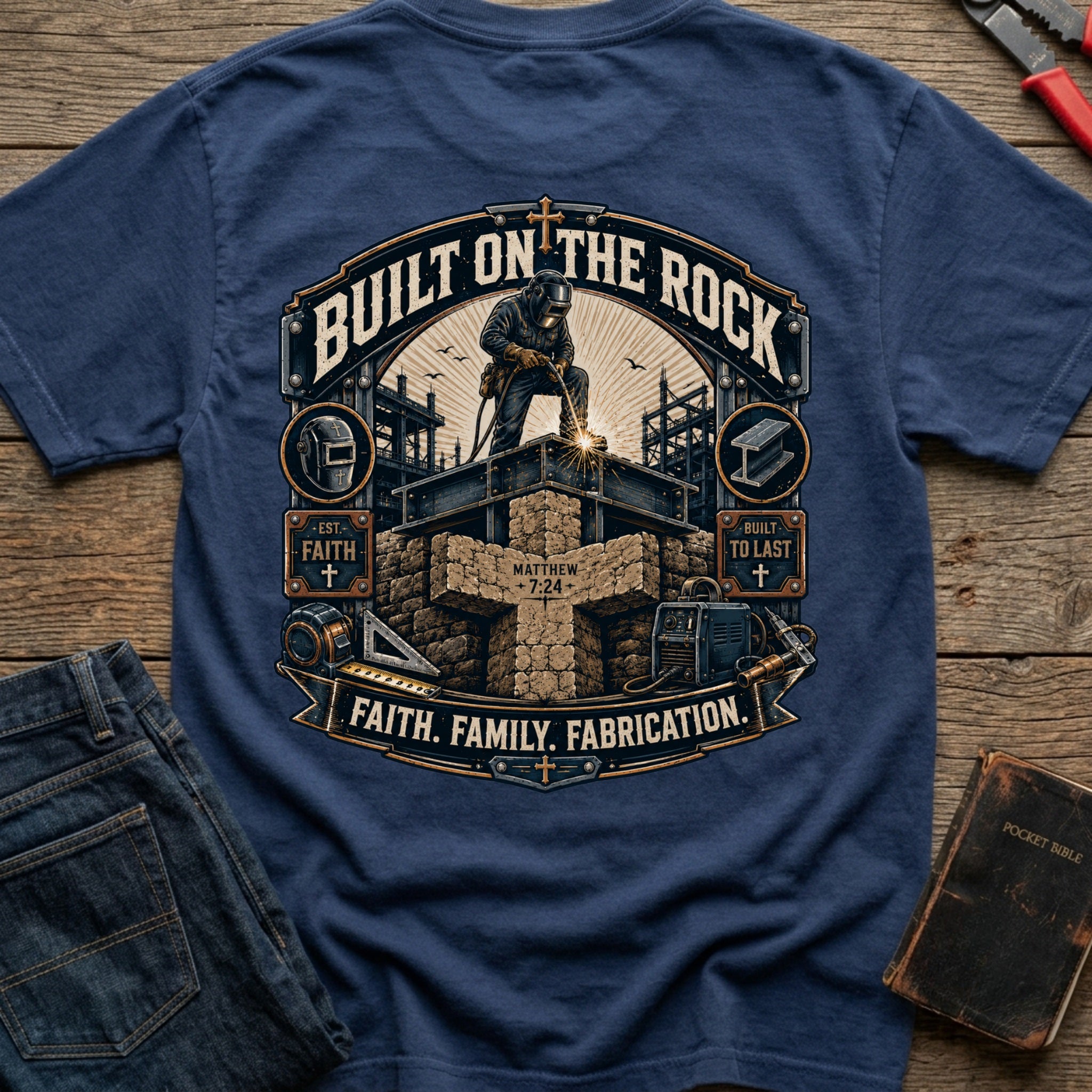 CrossGritOS|asset=80|template=2|color=Navy|view=back|file=Built-On-The-Rock-T-Shirt-6a4fe1f06e3824081a05d359-printify-art-1-2_Navy_back_template-2.jpg