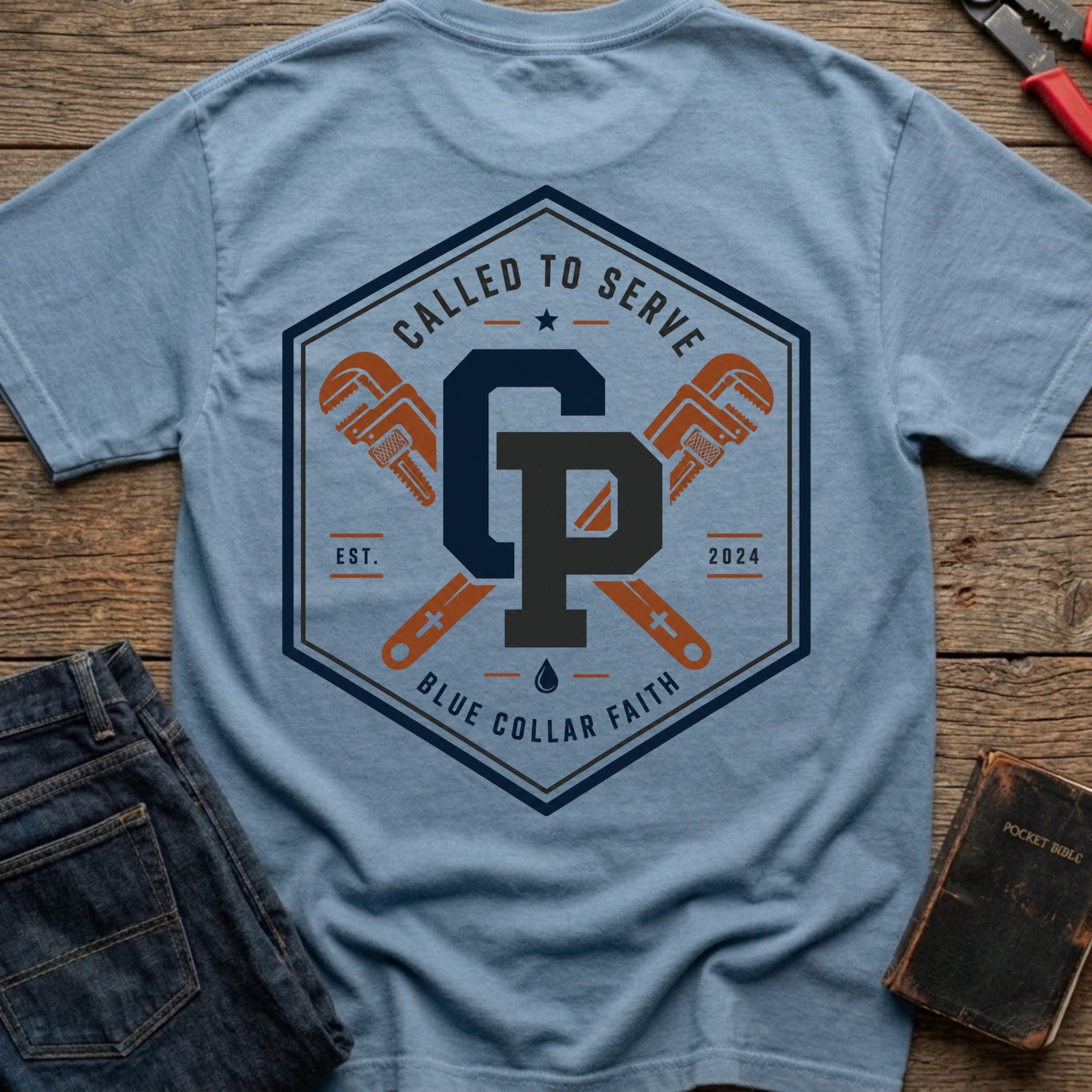 CrossGritOS|asset=33|template=6|color=Blue Jean|view=back|file=Called-To-Serve-Plumber-T-Shirt-6a56b5738a617bb77b0cef15-printify-art-1-2_Blue-Jean_back_template-6.jpg