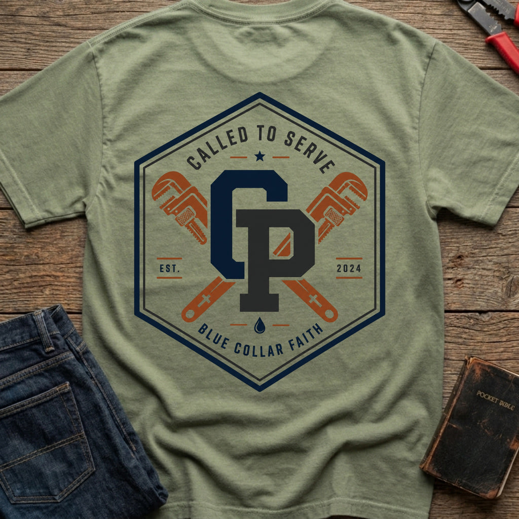 CrossGritOS|asset=33|template=5|color=Moss|view=back|file=Called-To-Serve-Plumber-T-Shirt-6a56b5738a617bb77b0cef15-printify-art-1-2_Moss_back_template-5.jpg