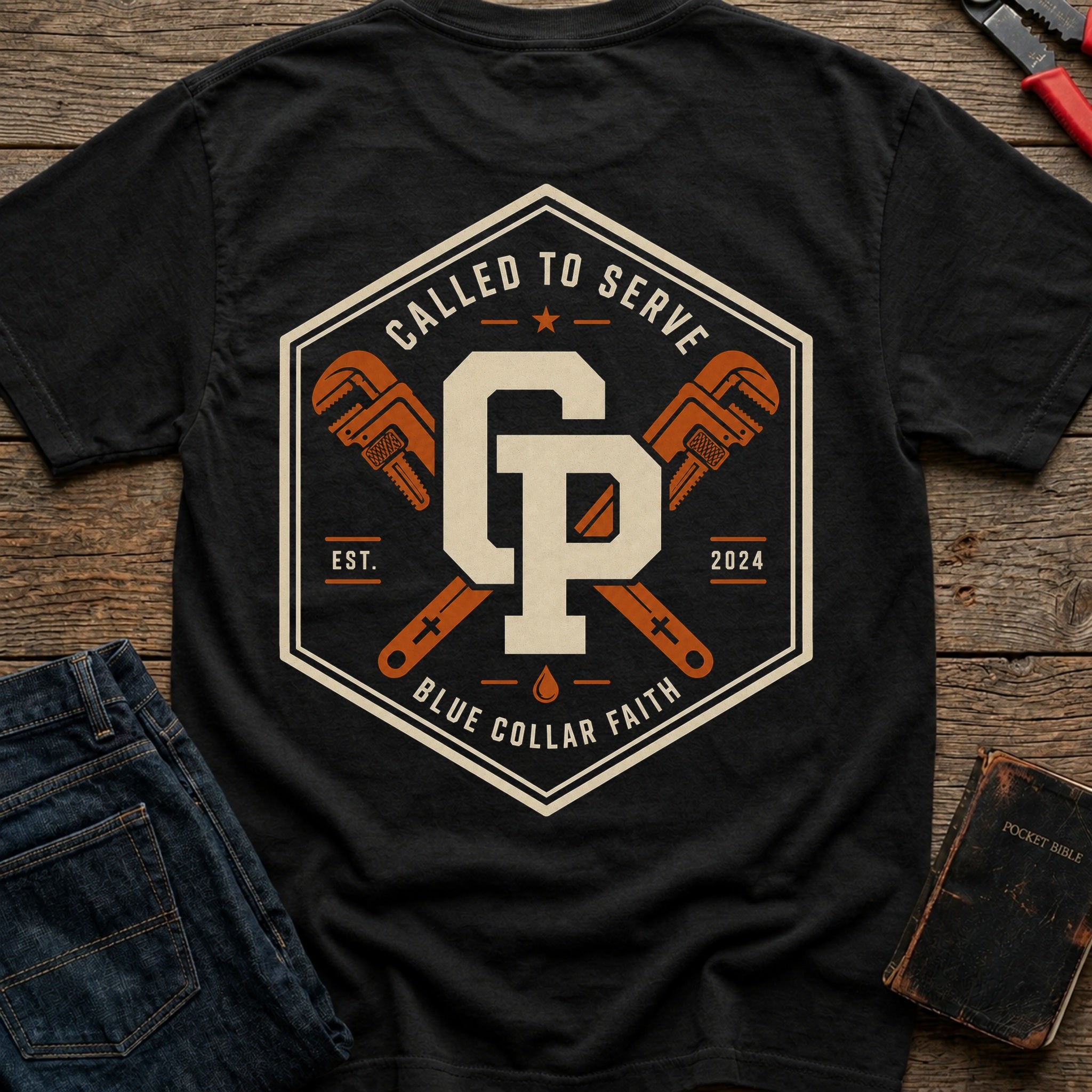 CrossGritOS|asset=33|template=4|color=Black|view=back|file=Called-To-Serve-Plumber-T-Shirt-6a56b5738a617bb77b0cef15-printify-art-2-2_Black_back_template-4.jpg