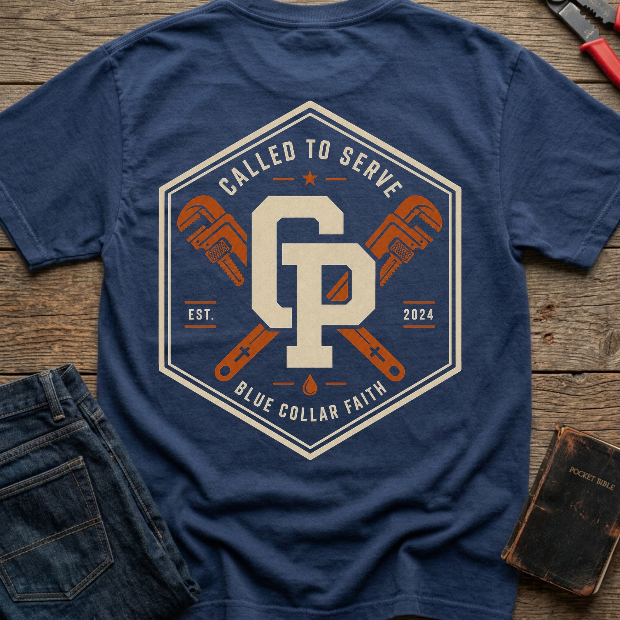 CrossGritOS|asset=33|template=2|color=Navy|view=back|file=Called-To-Serve-Plumber-T-Shirt-6a56b5738a617bb77b0cef15-printify-art-2-2_Navy_back_template-2.jpg