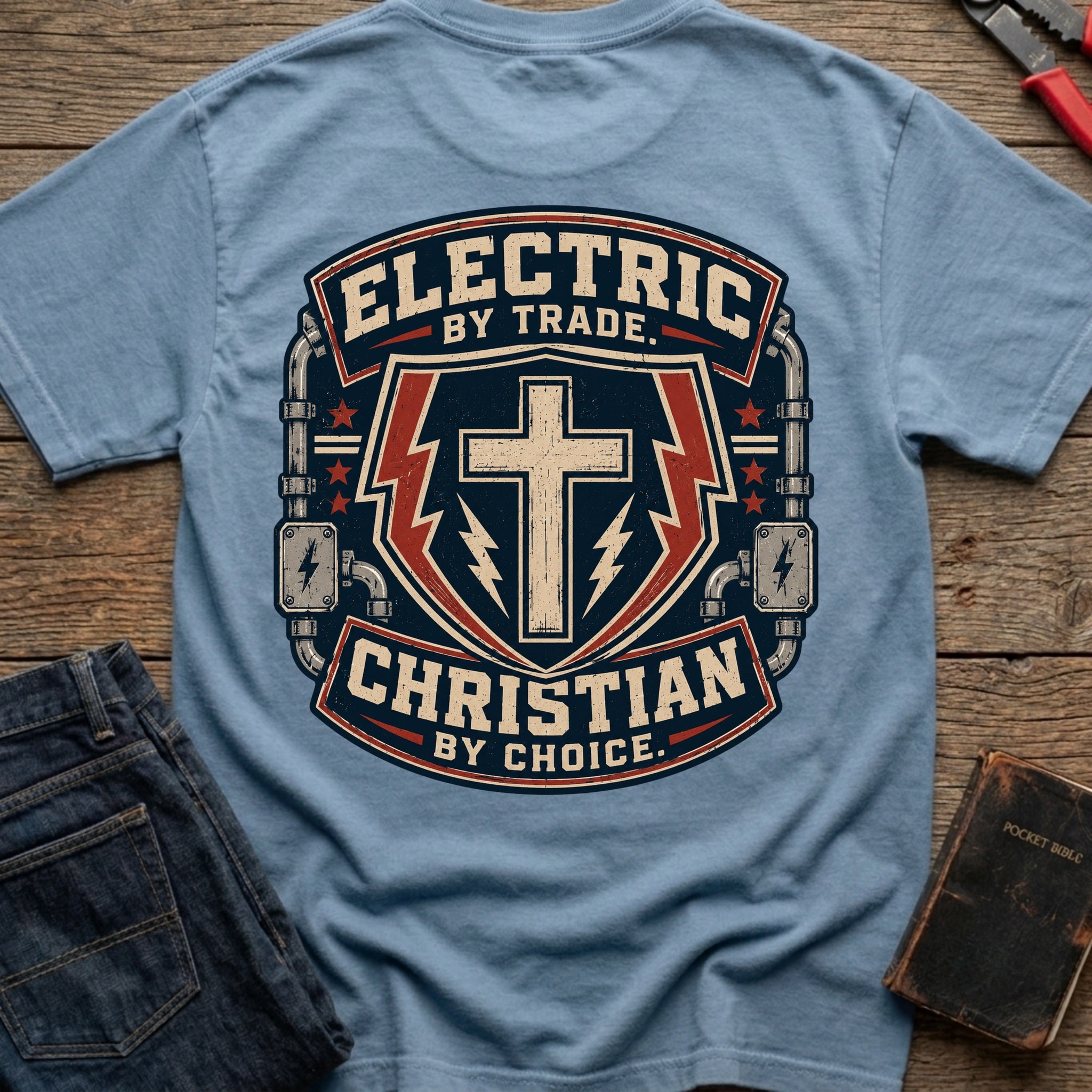 CrossGritOS|asset=106|template=6|color=Blue Jean|view=back|file=Electric-By-Trade-Christian-By-Choice---T-Shirt-6a4d30844a92d0d7f600a8d9-printify-art-1-2_Blue-Jean_back_template-6.jpg
