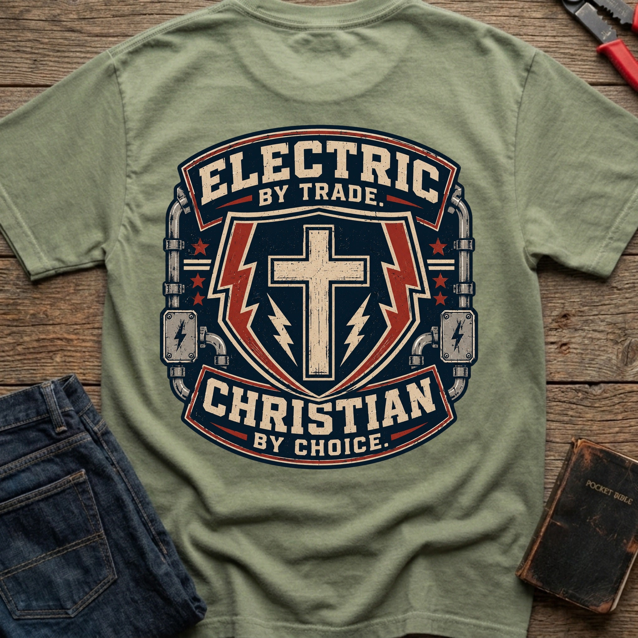 CrossGritOS|asset=106|template=5|color=Moss|view=back|file=Electric-By-Trade-Christian-By-Choice---T-Shirt-6a4d30844a92d0d7f600a8d9-printify-art-1-2_Moss_back_template-5.jpg