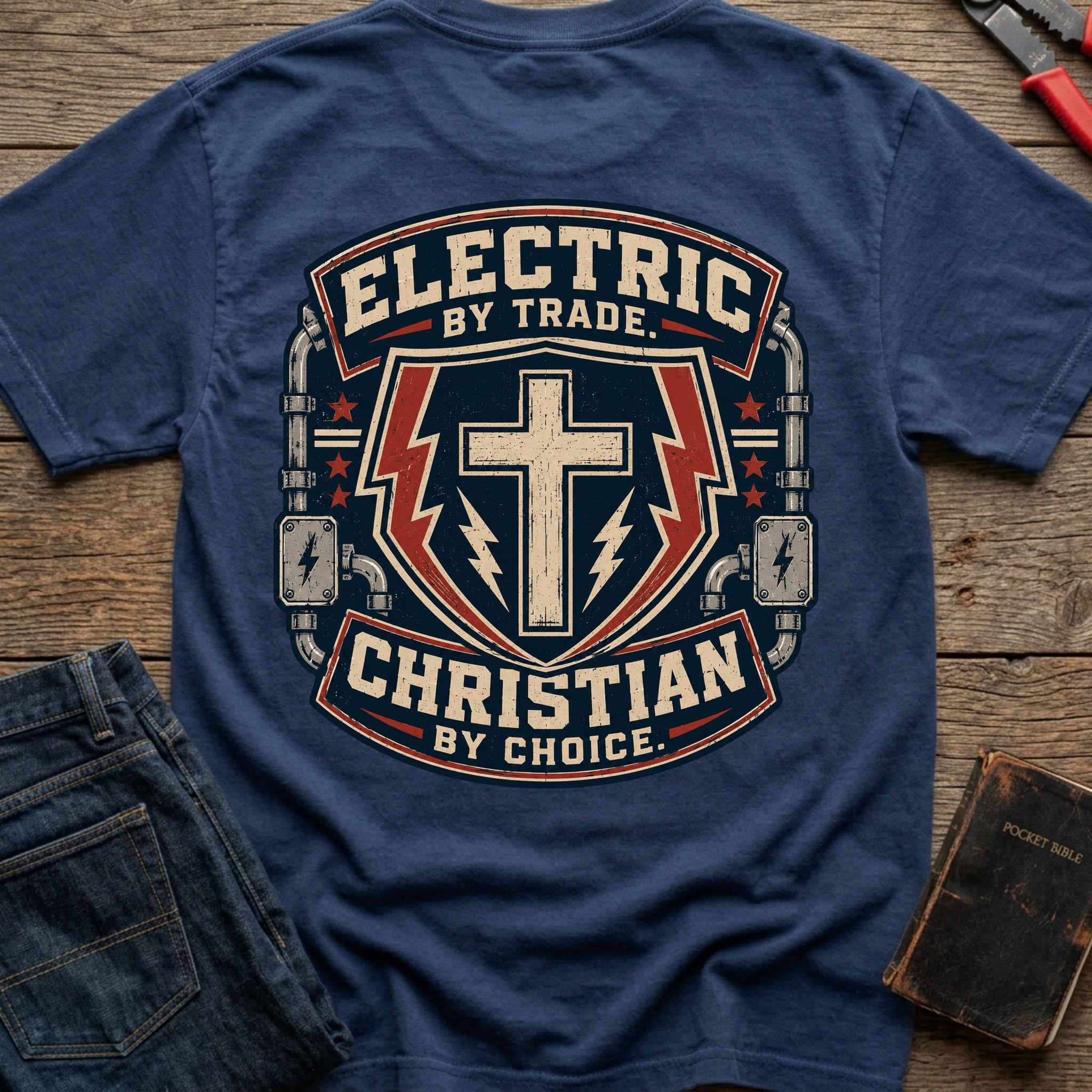 CrossGritOS|asset=106|template=2|color=Navy|view=back|file=Electric-By-Trade-Christian-By-Choice---T-Shirt-6a4d30844a92d0d7f600a8d9-printify-art-1-2_Navy_back_template-2.jpg