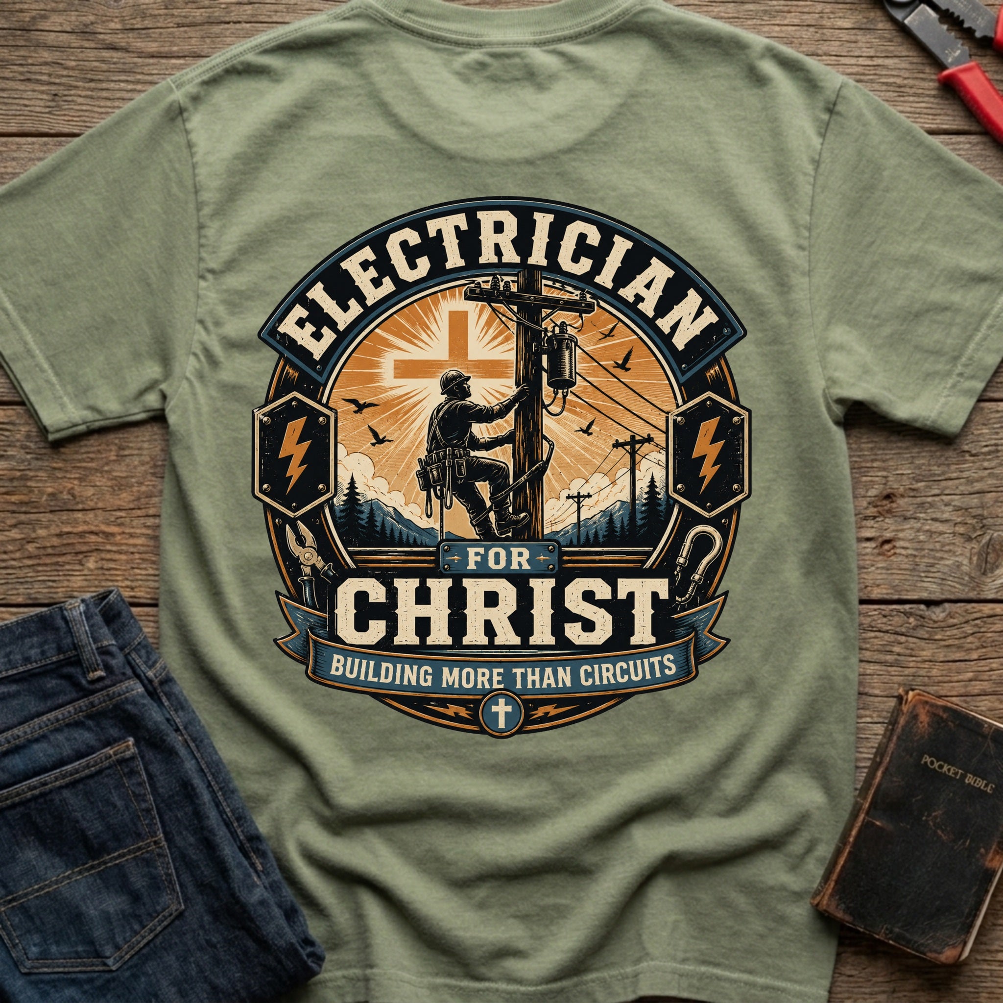 CrossGritOS|asset=52|template=5|color=Moss|view=back|file=Electrician-for-Christ-T-Shirt-6a553726566692467d038d83-printify-art-1-2_Moss_back_template-5.jpg