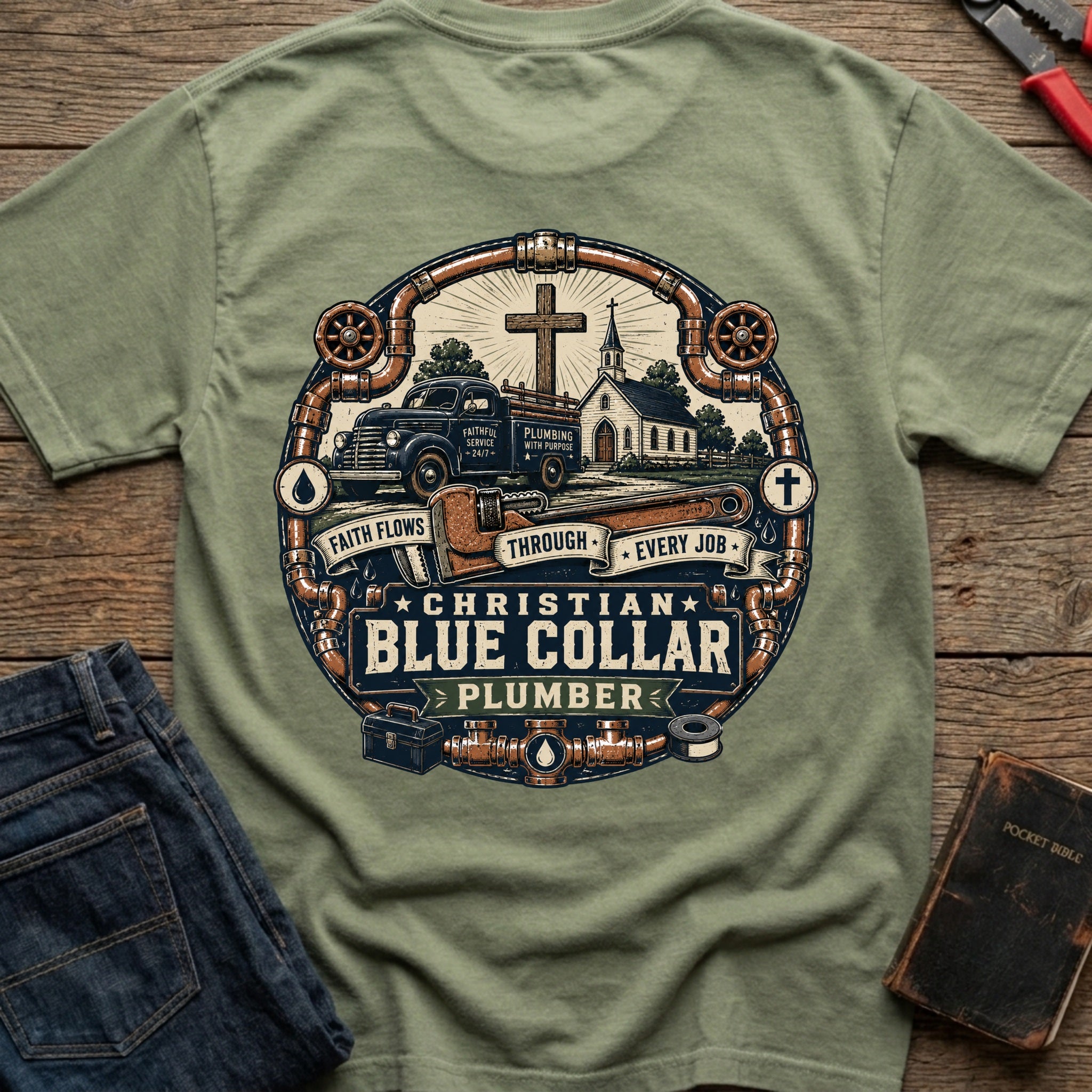 CrossGritOS|asset=30|template=5|color=Moss|view=back|file=Faith-Flows-Through-Every-Job-T-Shirt-6a56b69cb7b40dcd7101aadf-printify-art-1-2_Moss_back_template-5.jpg