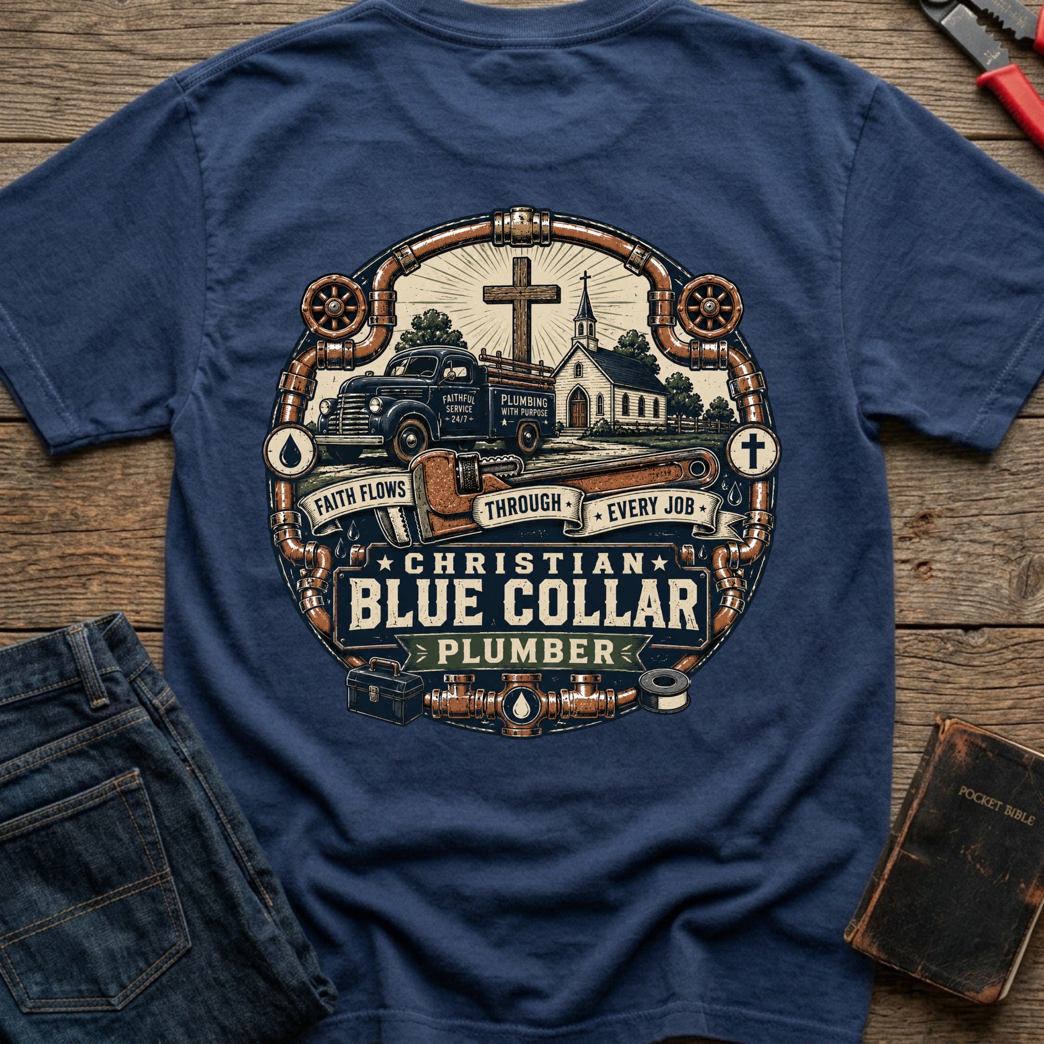 CrossGritOS|asset=30|template=2|color=Navy|view=back|file=Faith-Flows-Through-Every-Job-T-Shirt-6a56b69cb7b40dcd7101aadf-printify-art-1-2_Navy_back_template-2.jpg