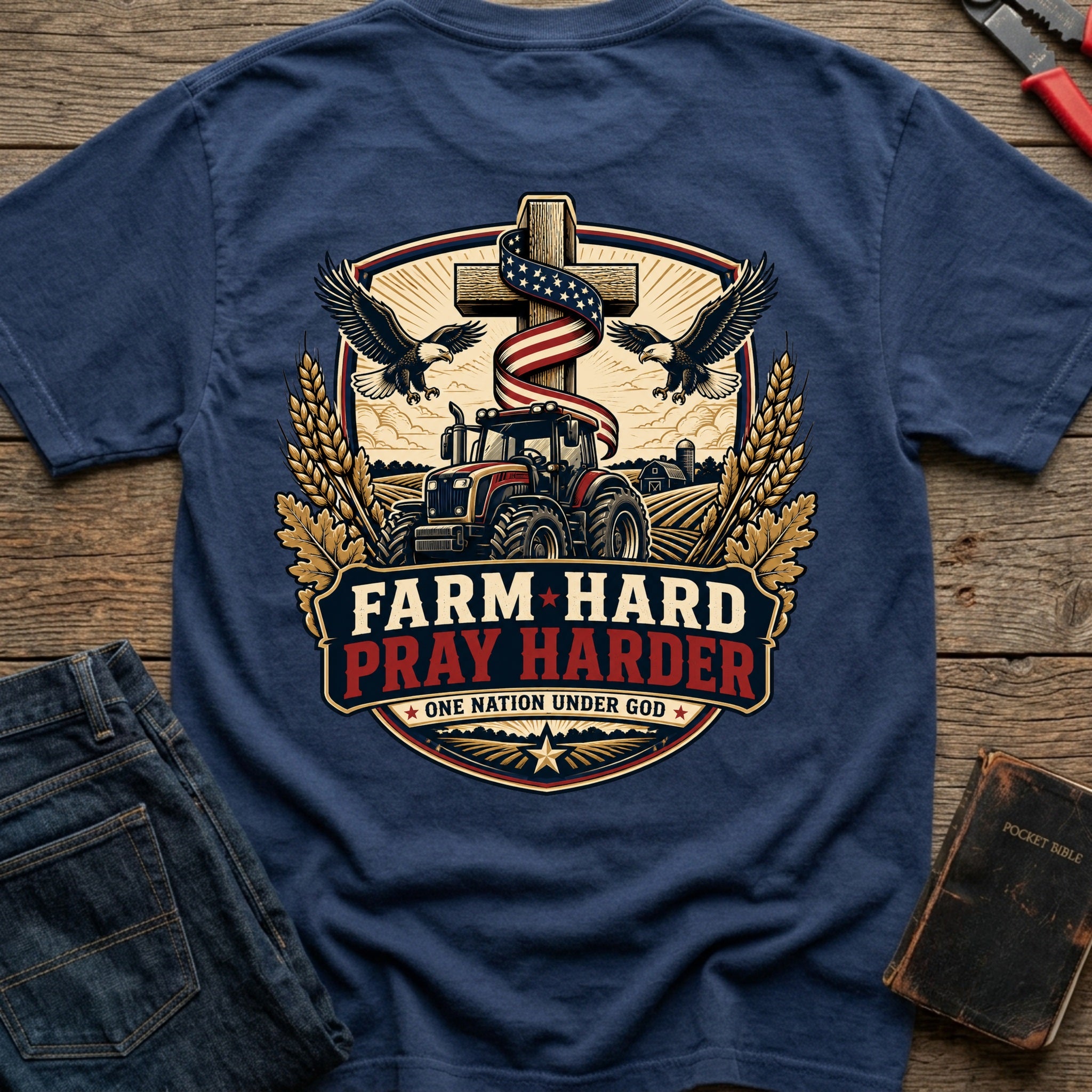 CrossGritOS|asset=64|template=2|color=Navy|view=back|file=Farm-Hard-Pray-Harder-T-Shirt-6a4fff41124ef505c50e56f4-printify-art-1-2_Navy_back_template-2.jpg
