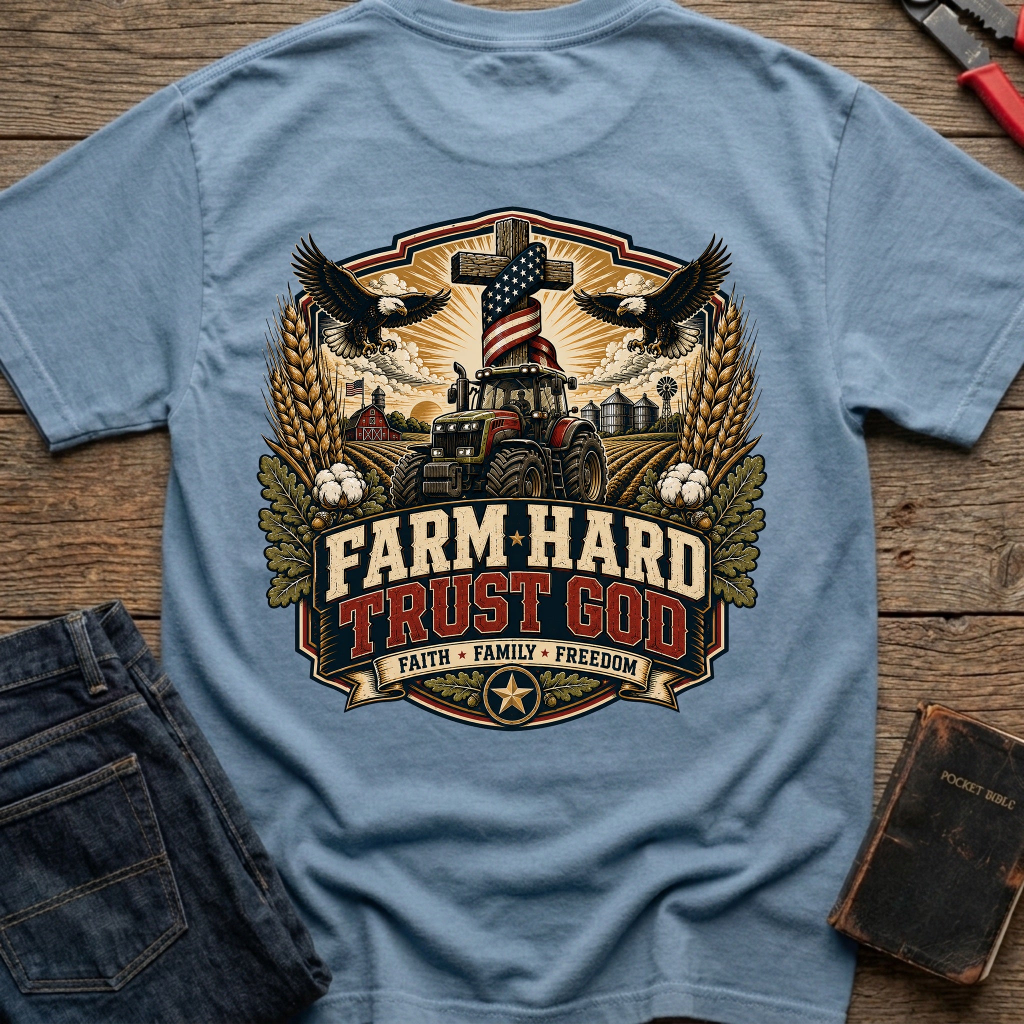 CrossGritOS|asset=63|template=6|color=Blue Jean|view=back|file=Farm-Hard-Trust-GOD-T-Shirt-6a4fff8ff904d63eec03d334-printify-art-1-2_Blue-Jean_back_template-6.jpg