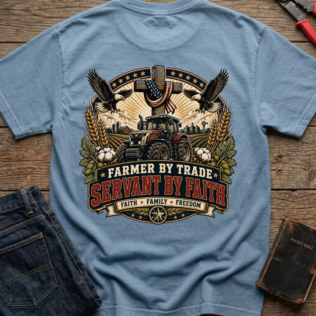 CrossGritOS|asset=62|template=6|color=Blue Jean|view=back|file=Farmer-By-Trade-Servant-By-Faith-T-Shirt-6a4fffedf2038250b80c9cdd-printify-art-1-2_Blue-Jean_back_template-6.jpg