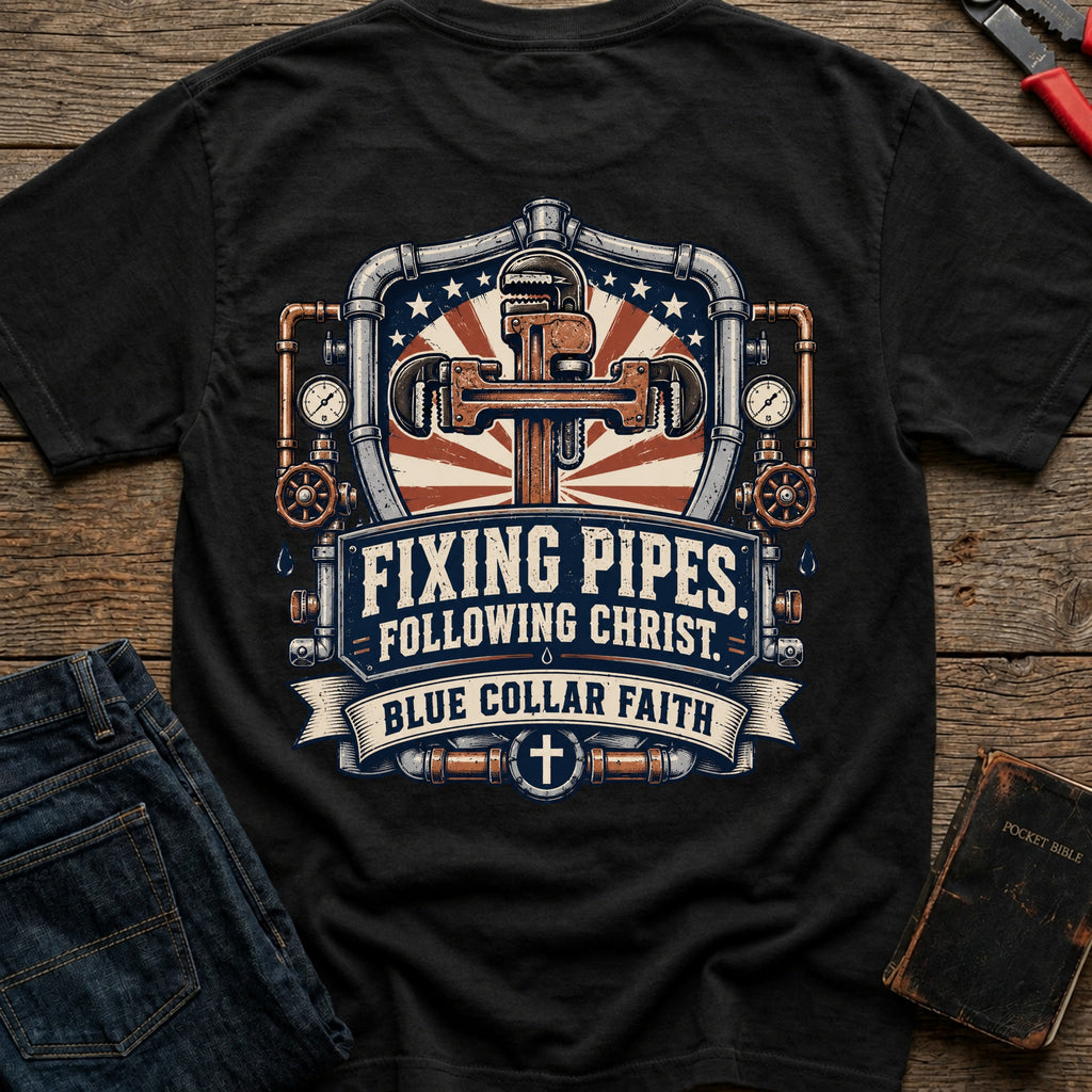 CrossGritOS|asset=27|template=4|color=Black|view=back|file=Fixing-Pipes-Following-Christ-T-Shirt-6a56b7958a617bb77b0cf10b-printify-art-1-2_Black_back_template-4.jpg