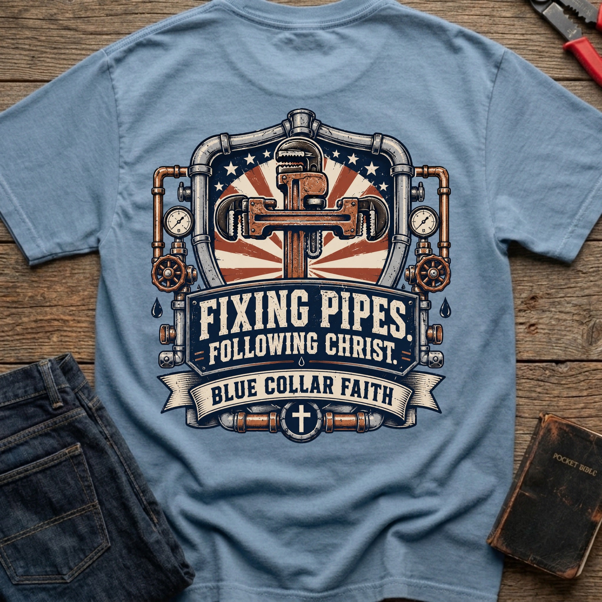 CrossGritOS|asset=27|template=6|color=Blue Jean|view=back|file=Fixing-Pipes-Following-Christ-T-Shirt-6a56b7958a617bb77b0cf10b-printify-art-1-2_Blue-Jean_back_template-6.jpg