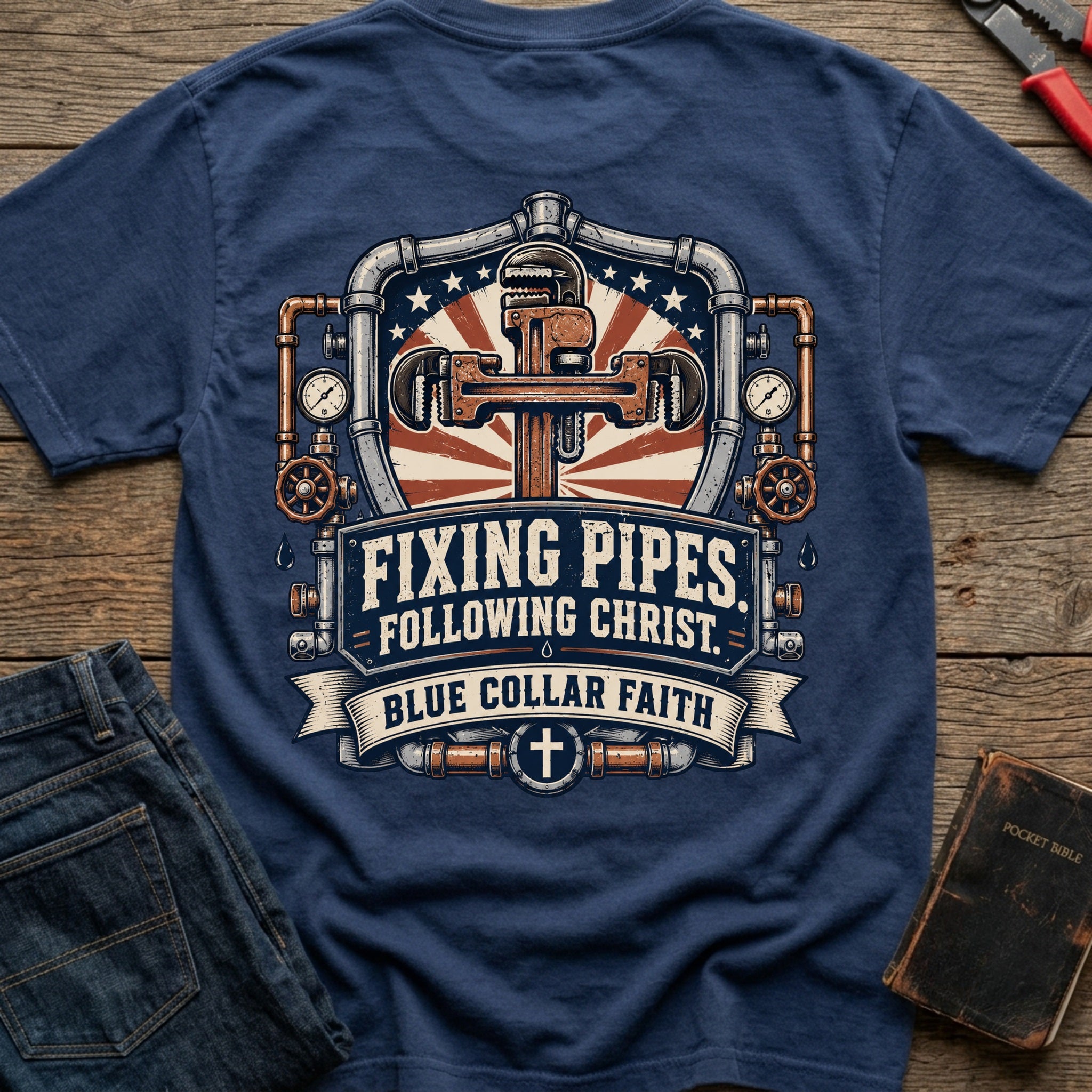 CrossGritOS|asset=27|template=2|color=Navy|view=back|file=Fixing-Pipes-Following-Christ-T-Shirt-6a56b7958a617bb77b0cf10b-printify-art-1-2_Navy_back_template-2.jpg