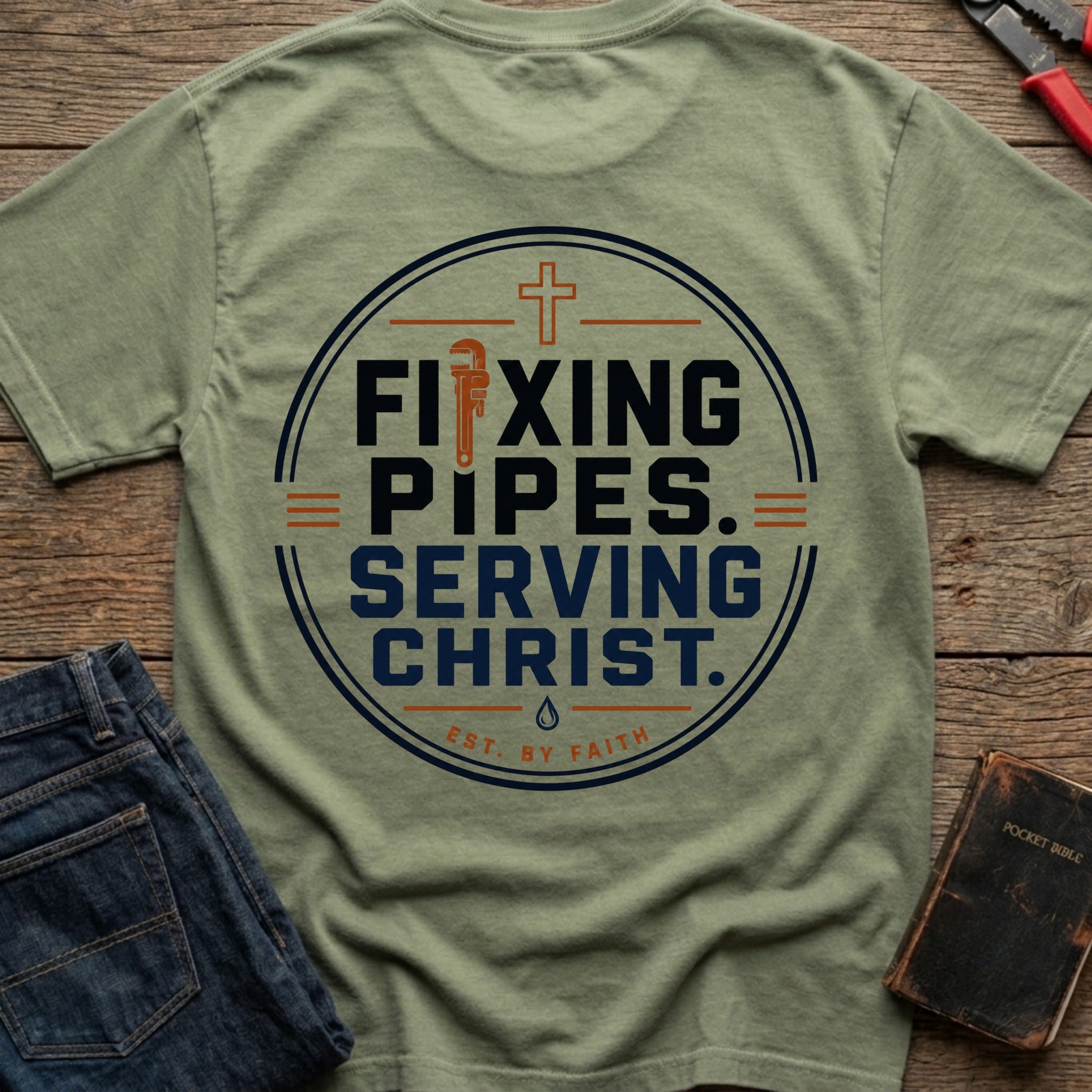 CrossGritOS|asset=26|template=5|color=Moss|view=back|file=Fixing-Pipes-Serving-Christ-T-Shirt-6a56b7ebb7b40dcd7101abe6-printify-art-1-2_Moss_back_template-5.jpg