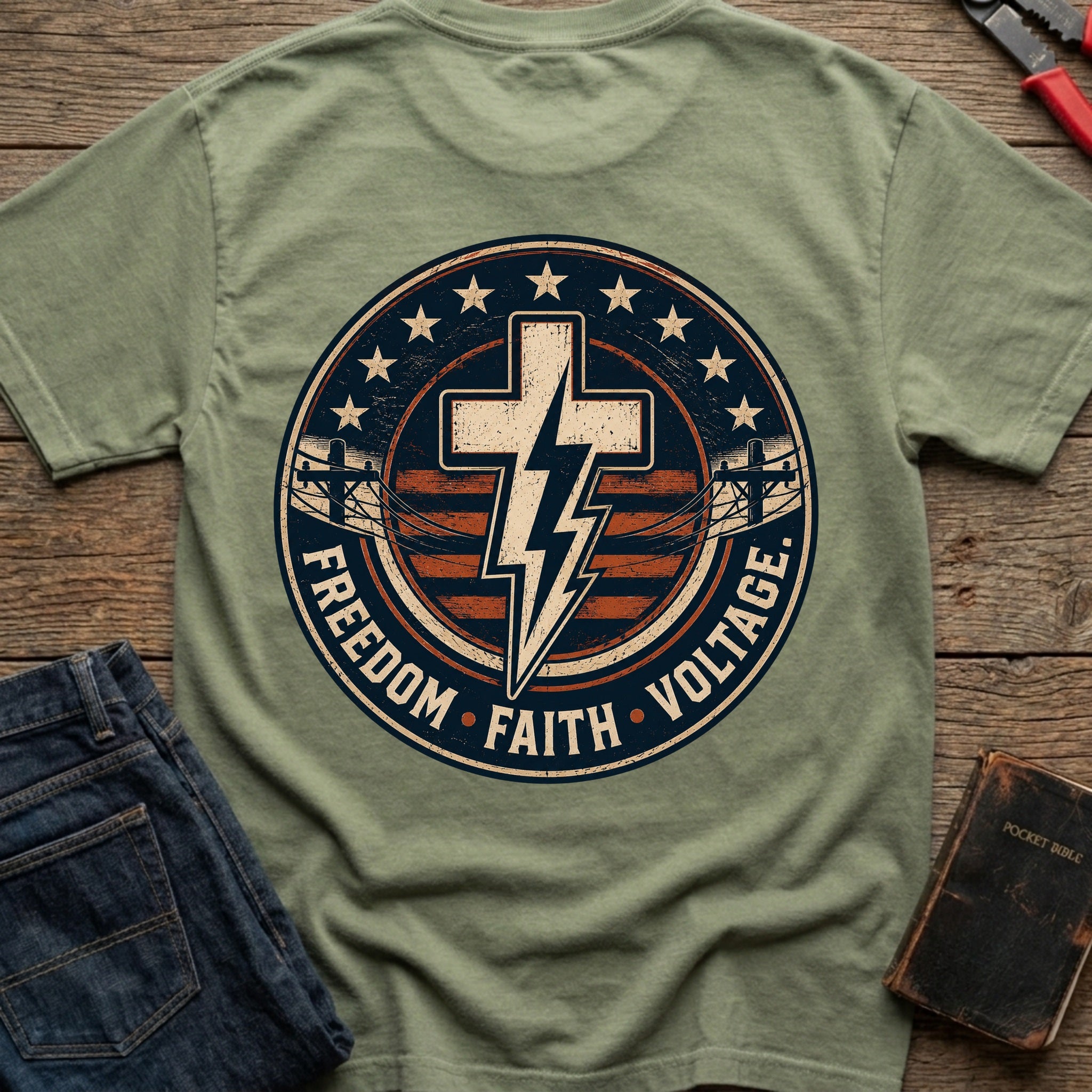 CrossGritOS|asset=50|template=5|color=Moss|view=back|file=Freedom-Faith-Voltage-T-Shirt-6a553909ca43ca1a190e4460-printify-art-1-2_Moss_back_template-5.jpg