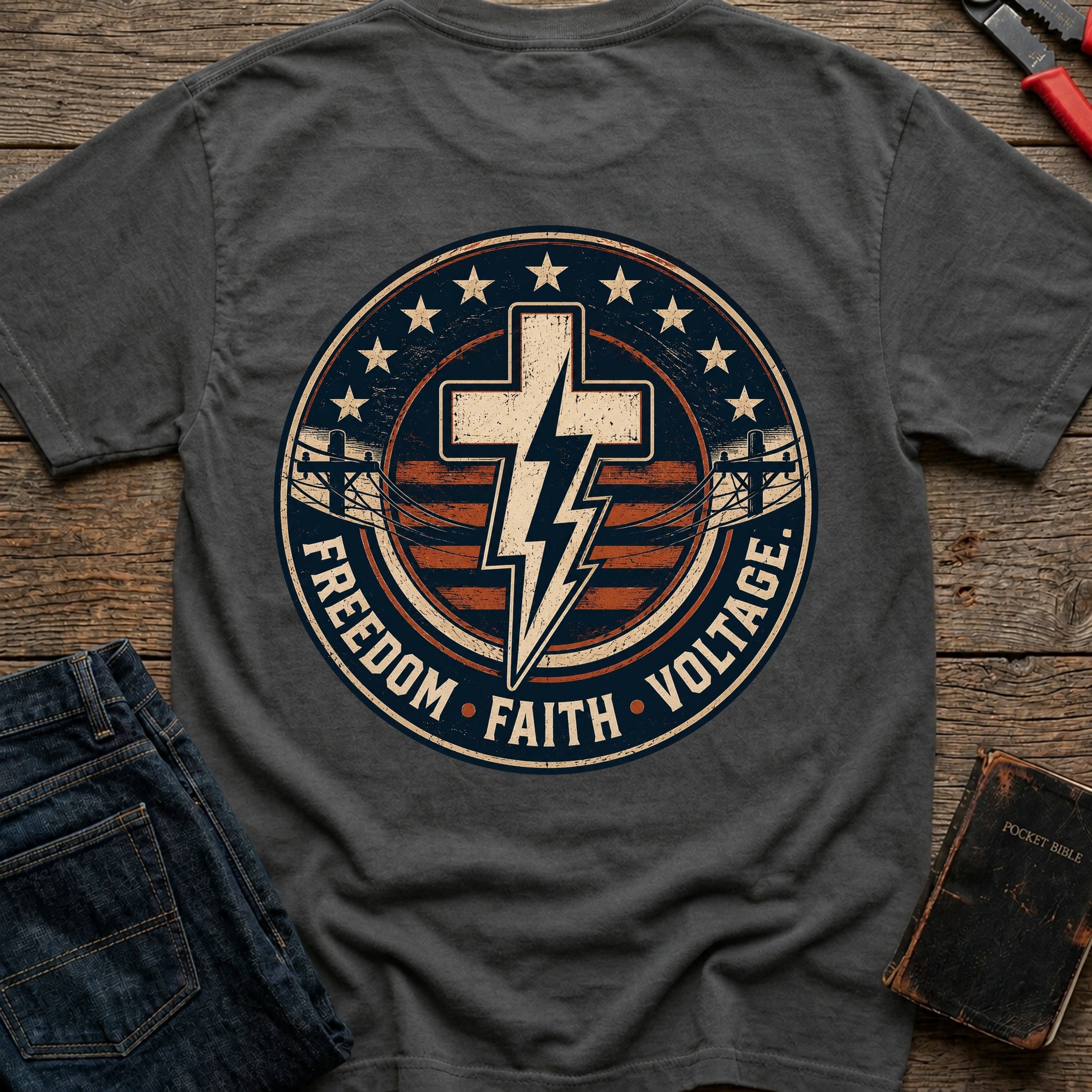 CrossGritOS|asset=50|template=1|color=Pepper|view=back|file=Freedom-Faith-Voltage-T-Shirt-6a553909ca43ca1a190e4460-printify-art-1-2_Pepper_back_template-1.jpg