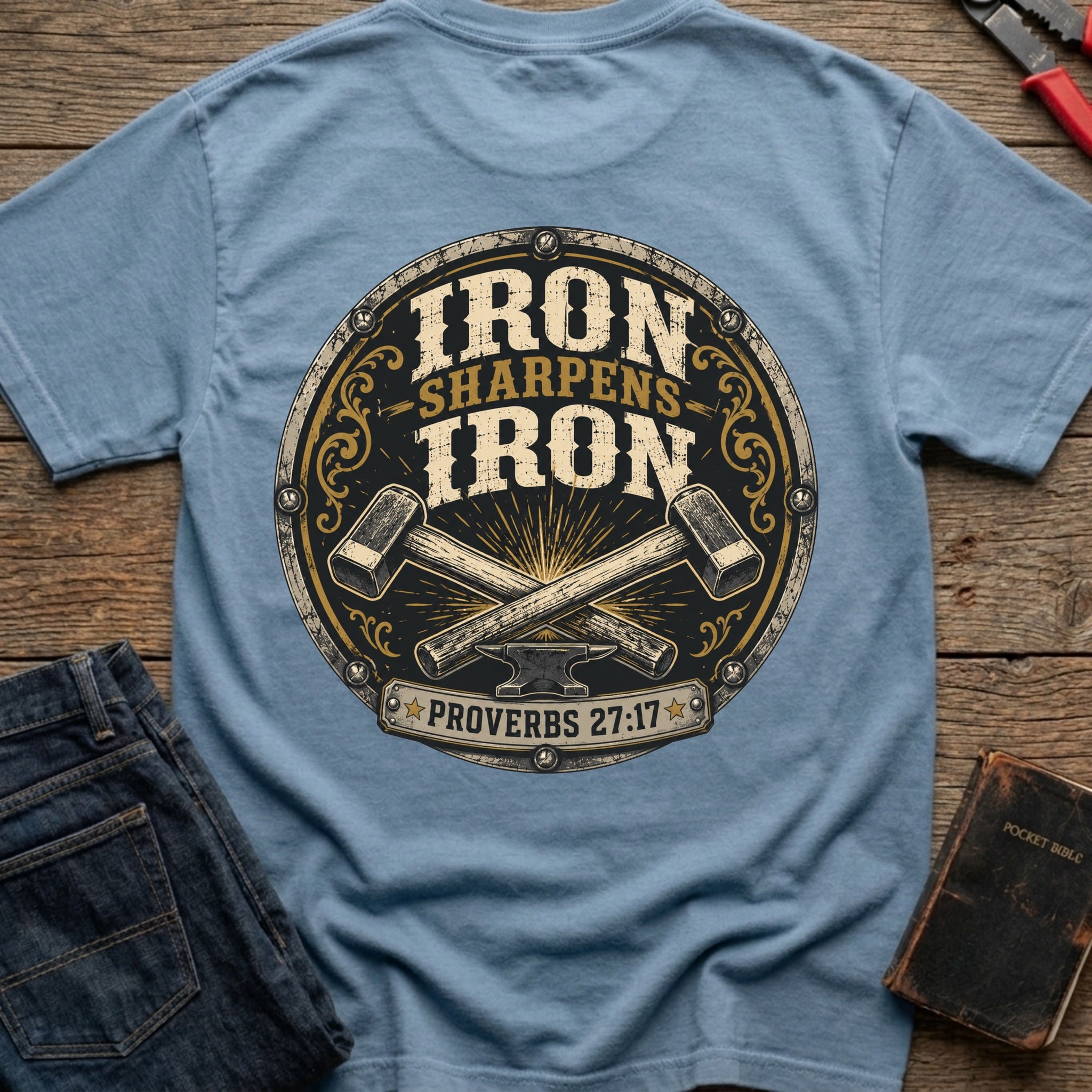 CrossGritOS|asset=17|template=6|color=Blue Jean|view=back|file=Iron-Sharpens-Iron-T-Shirt-6a580744e13ab1a7cf029756-printify-art-1-2_Blue-Jean_back_template-6.jpg