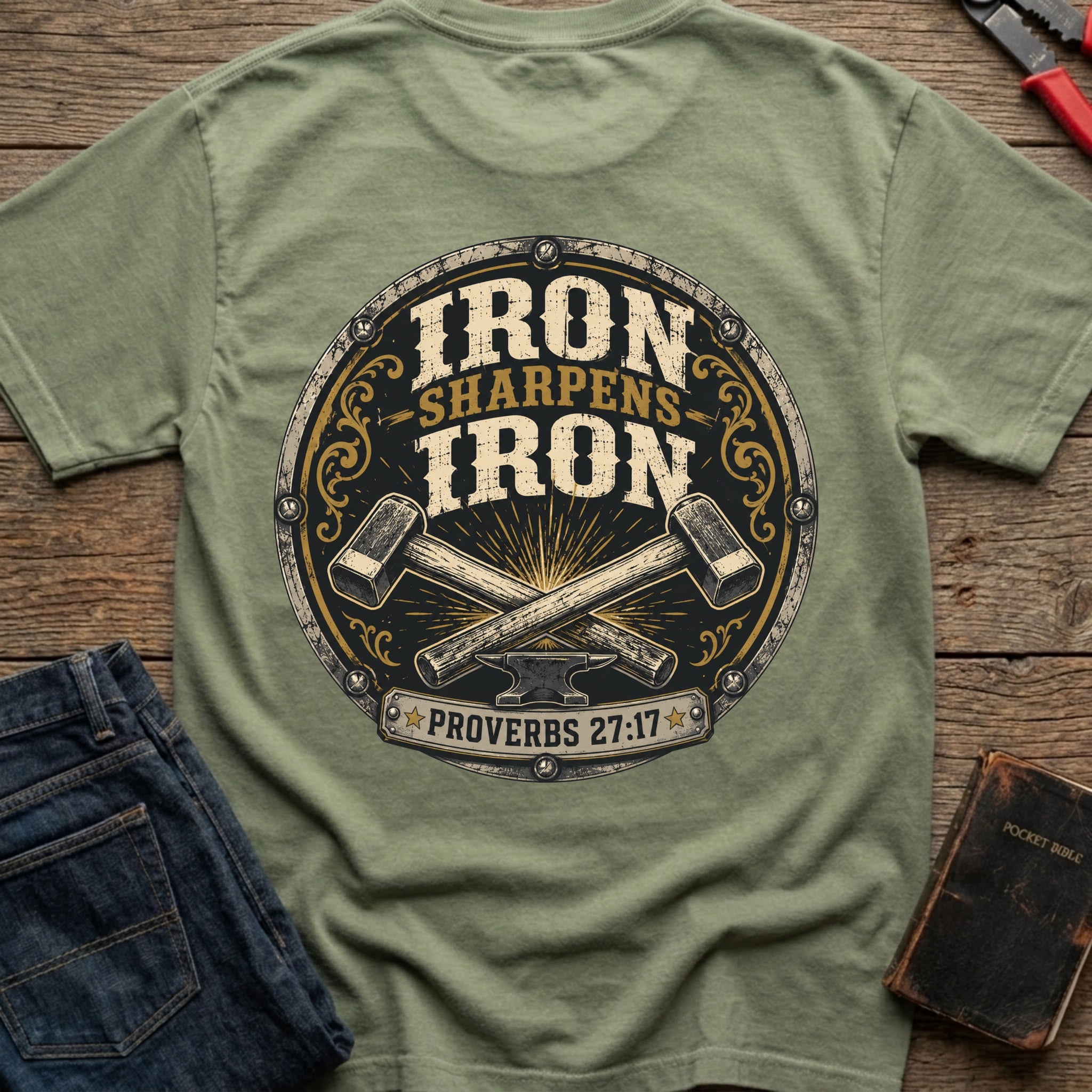CrossGritOS|asset=17|template=5|color=Moss|view=back|file=Iron-Sharpens-Iron-T-Shirt-6a580744e13ab1a7cf029756-printify-art-1-2_Moss_back_template-5.jpg