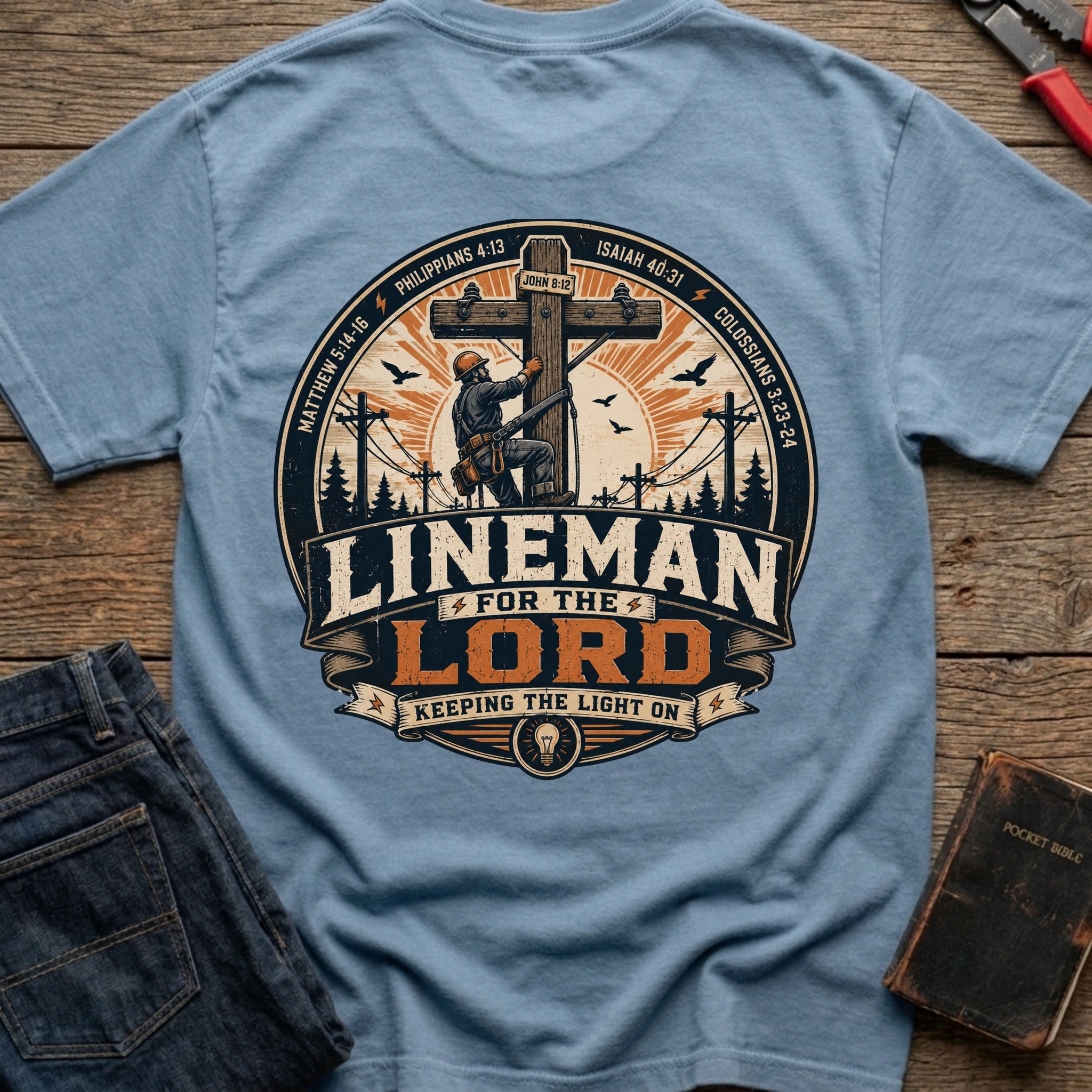 CrossGritOS|asset=5|template=6|color=Blue Jean|view=back|file=Lineman-for-The-Lord-T-Shirt-6a553d4f9a35a8d285016c4c-printify-art-1_Blue-Jean_back_template-6.jpg
