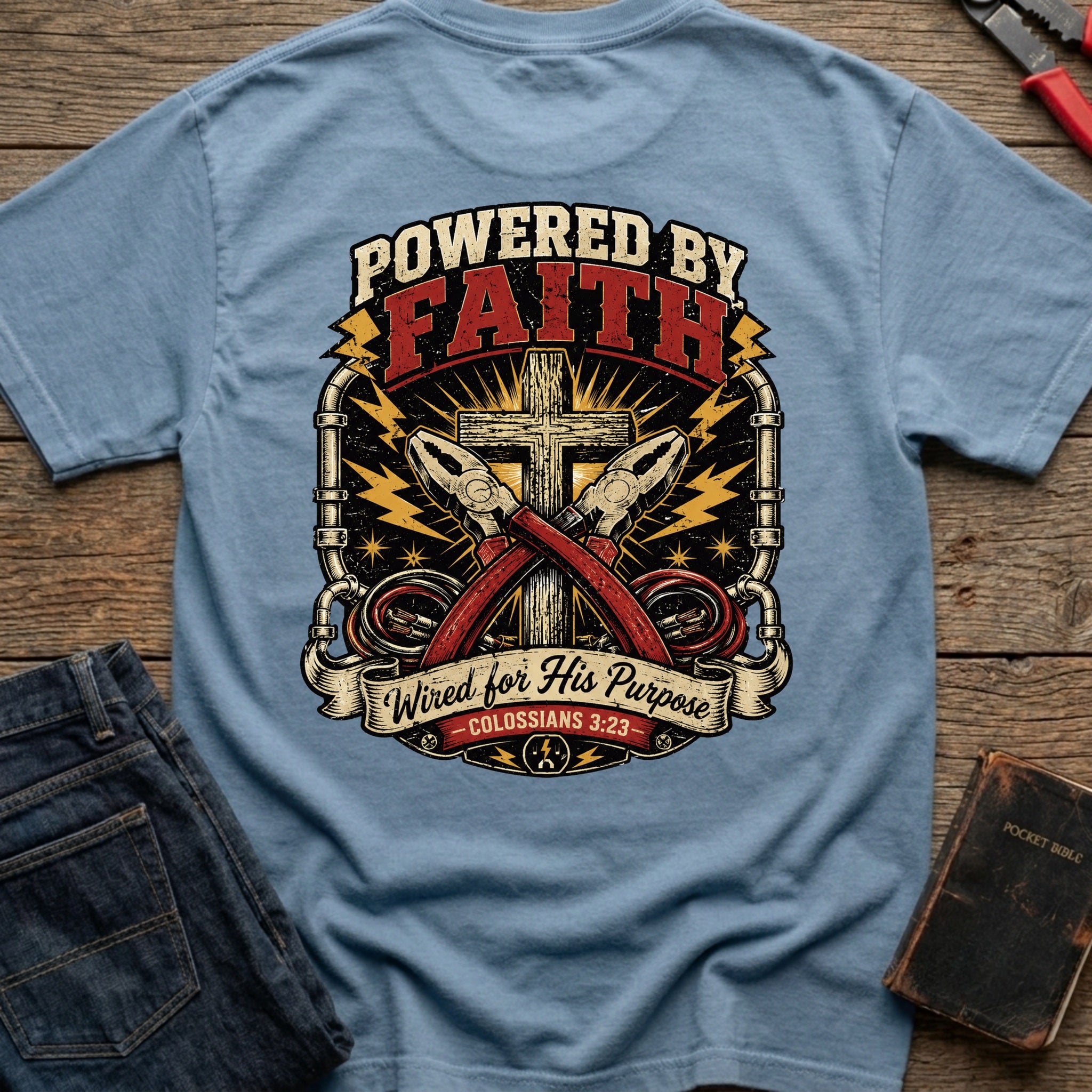 CrossGritOS|asset=96|template=6|color=Blue Jean|view=back|file=Powered-By-Faith-T-Shirt-6a4d35134a92d0d7f600ad5b-printify-art-1-2_Blue-Jean_back_template-6.jpg