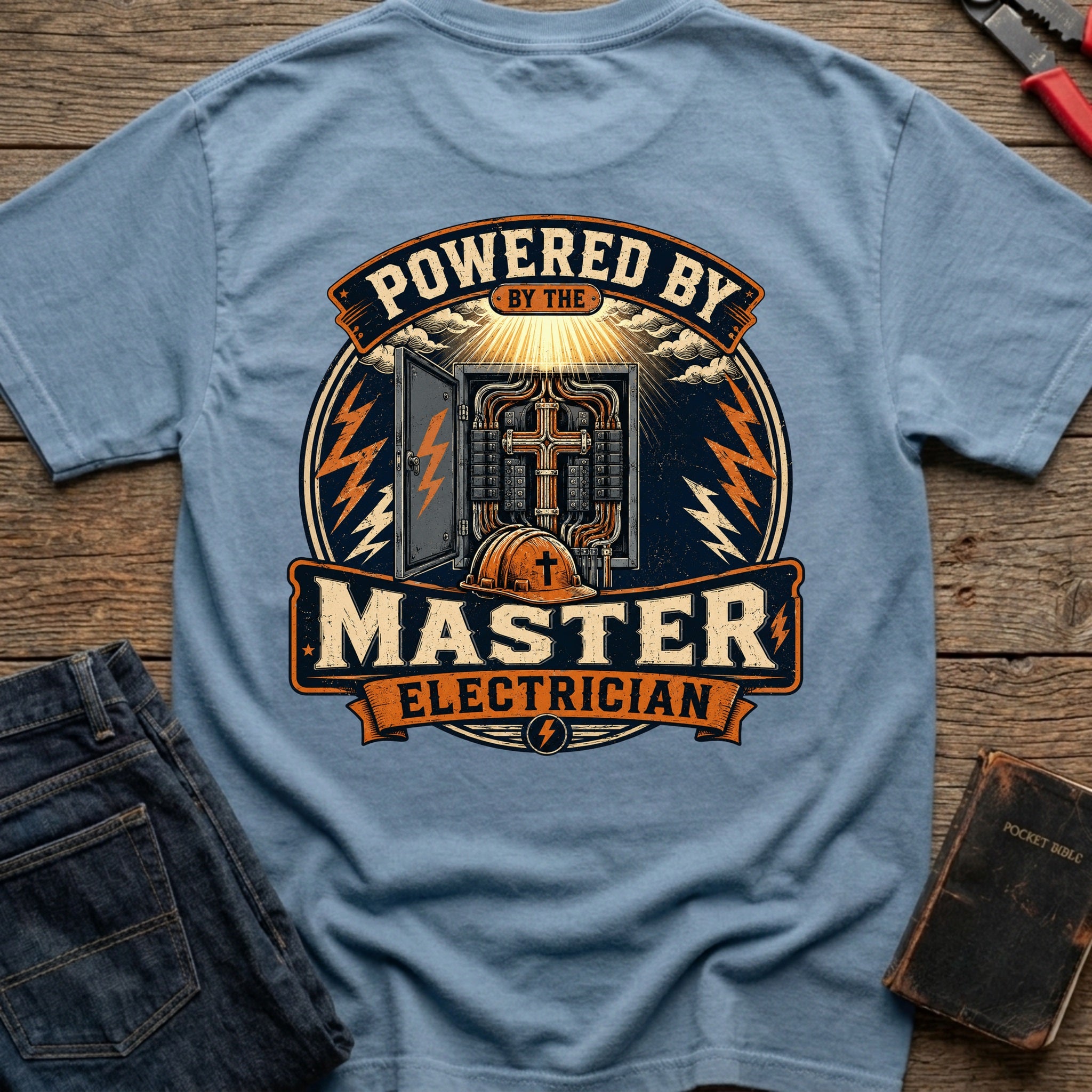CrossGritOS|asset=93|template=6|color=Blue Jean|view=back|file=Powered-By-The-Master-Electrician-T-Shirt-6a4d38e139c8b083da0052e5-printify-art-1-2_Blue-Jean_back_template-6.jpg