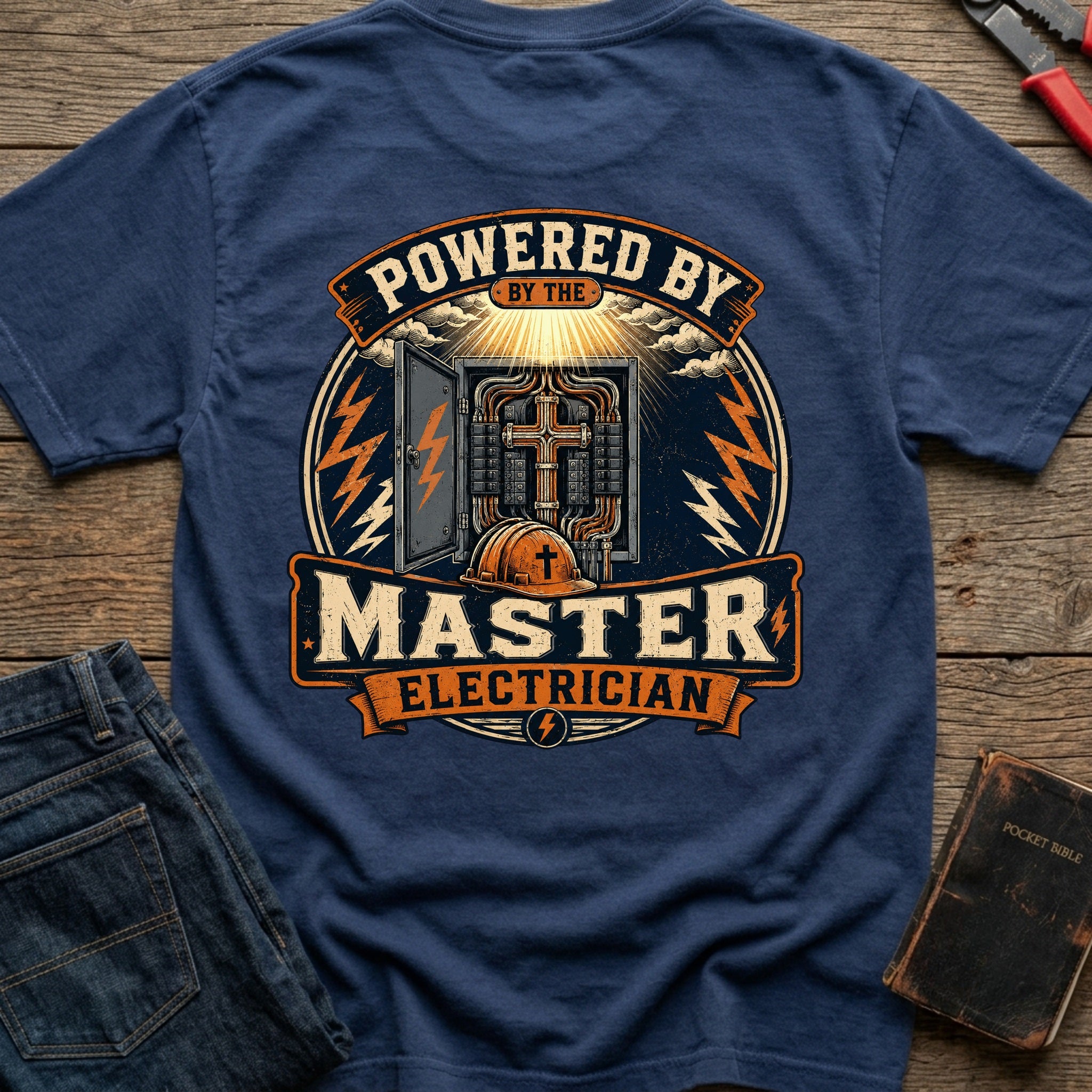 CrossGritOS|asset=93|template=2|color=Navy|view=back|file=Powered-By-The-Master-Electrician-T-Shirt-6a4d38e139c8b083da0052e5-printify-art-1-2_Navy_back_template-2.jpg
