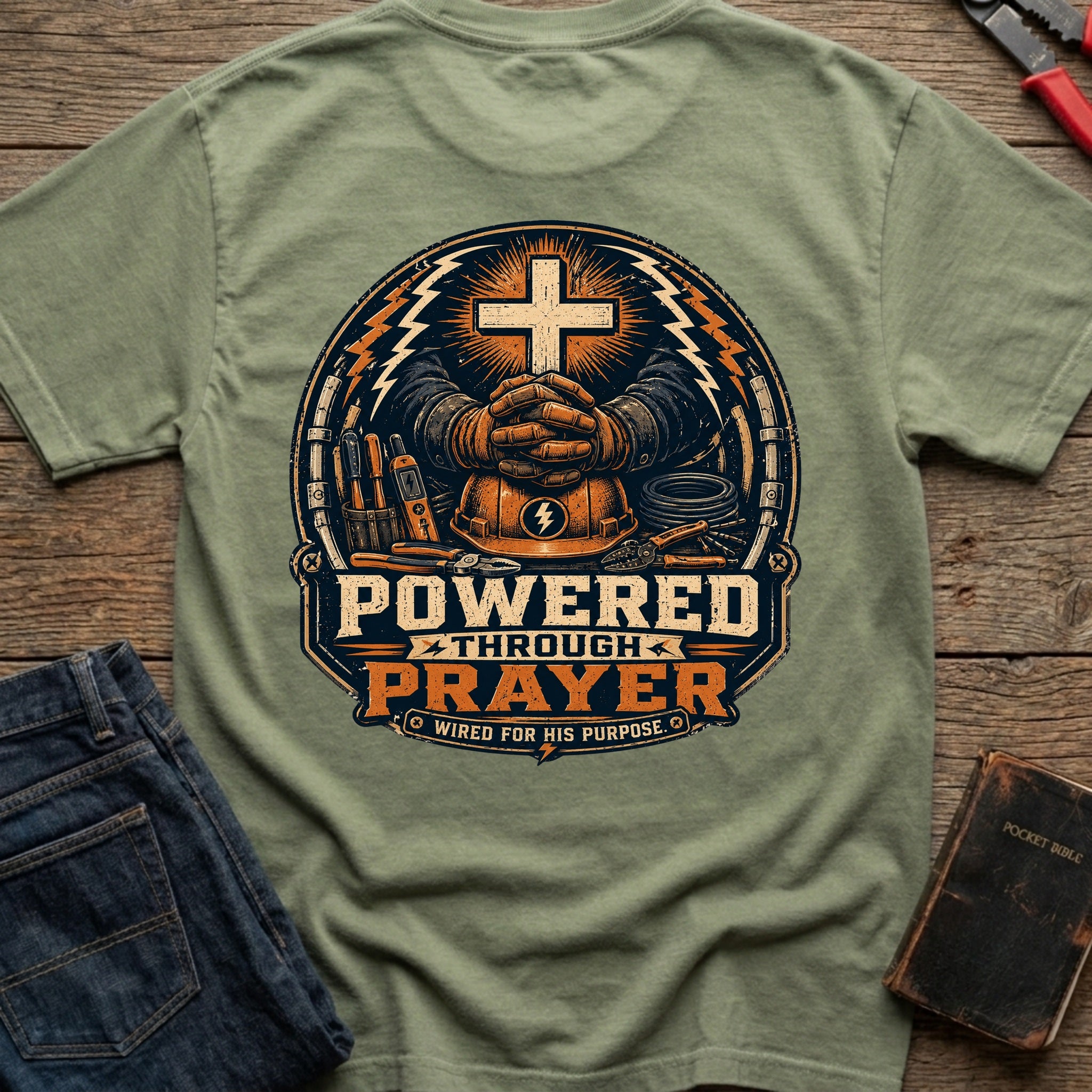 CrossGritOS|asset=92|template=5|color=Moss|view=back|file=Powered-Through-Prayer-Wired-For-His-Purpose-T-Shirt-6a4d39414a92d0d7f600b042-printify-art-1-2_Moss_back_template-5.jpg