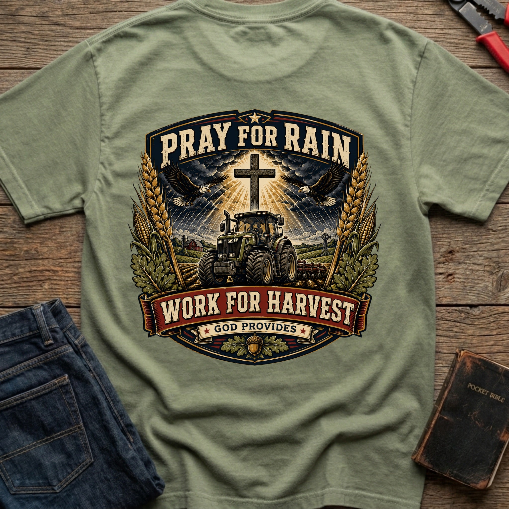 CrossGritOS|asset=57|template=5|color=Moss|view=back|file=Pray-For-Rain-T-Shirt-6a5002f76dfed496800ad62e-printify-art-1-2_Moss_back_template-5.jpg