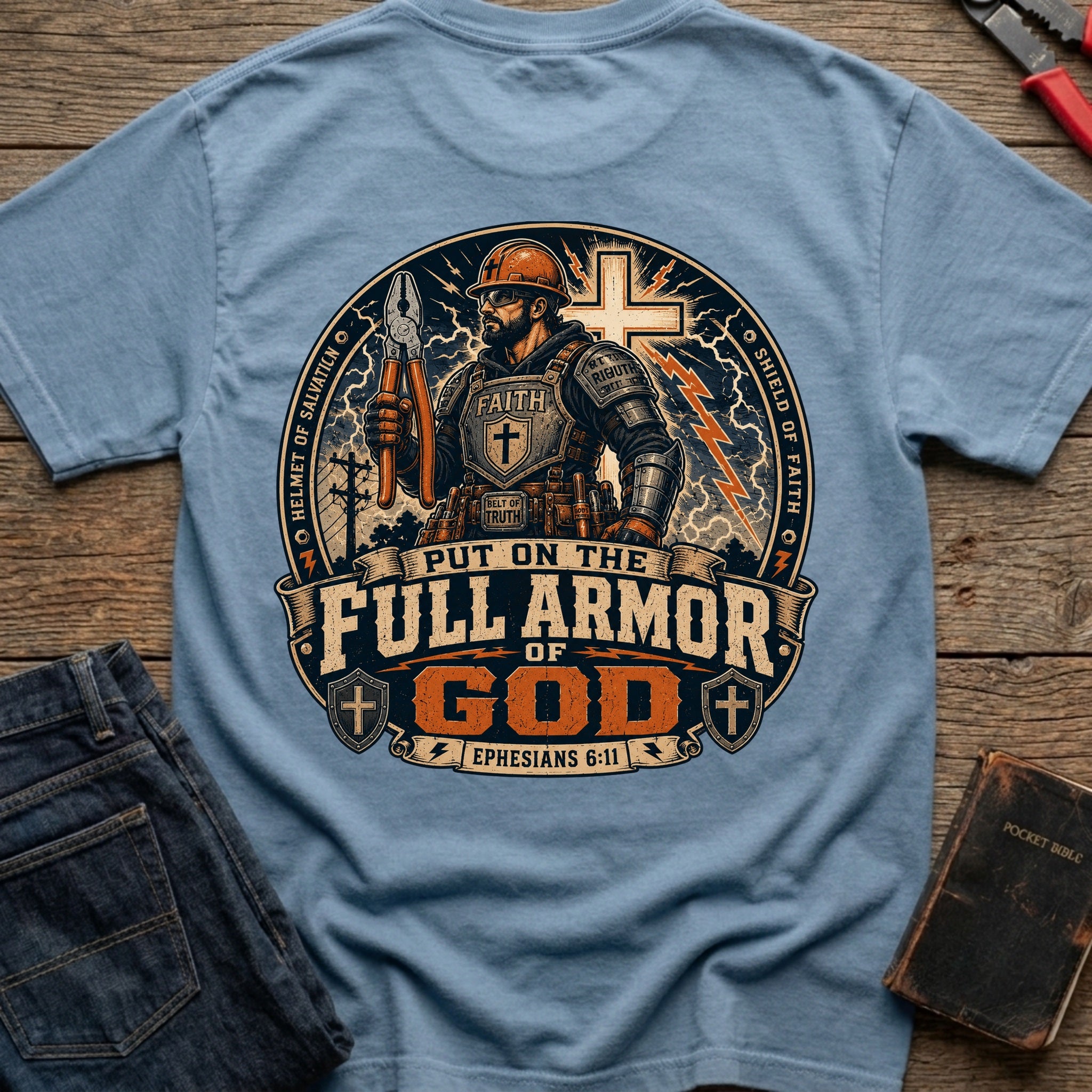 CrossGritOS|asset=91|template=6|color=Blue Jean|view=back|file=Put-On-The-Full-Armor-of-GOD-T-Shirt-6a4d39cfd401cc3803061b5e-printify-art-1-2_Blue-Jean_back_template-6.jpg