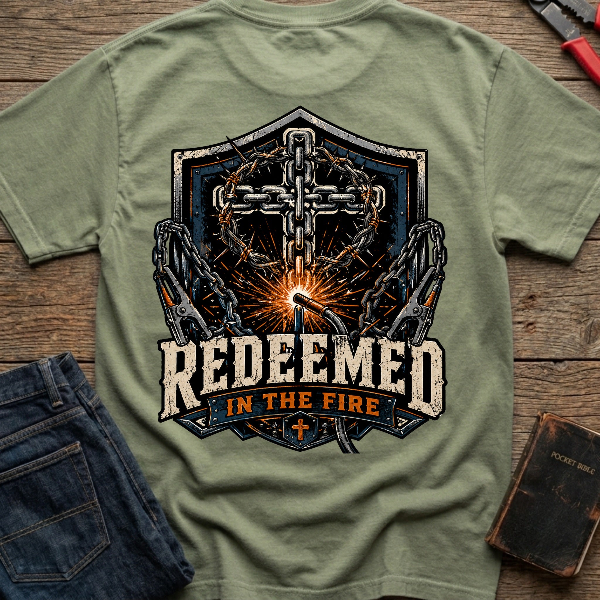 CrossGritOS|asset=72|template=5|color=Moss|view=back|file=Redeemed-In-The-Fire-T-Shirt-6a4fe4e56e3824081a05d61e-printify-art-1-2_Moss_back_template-5.jpg