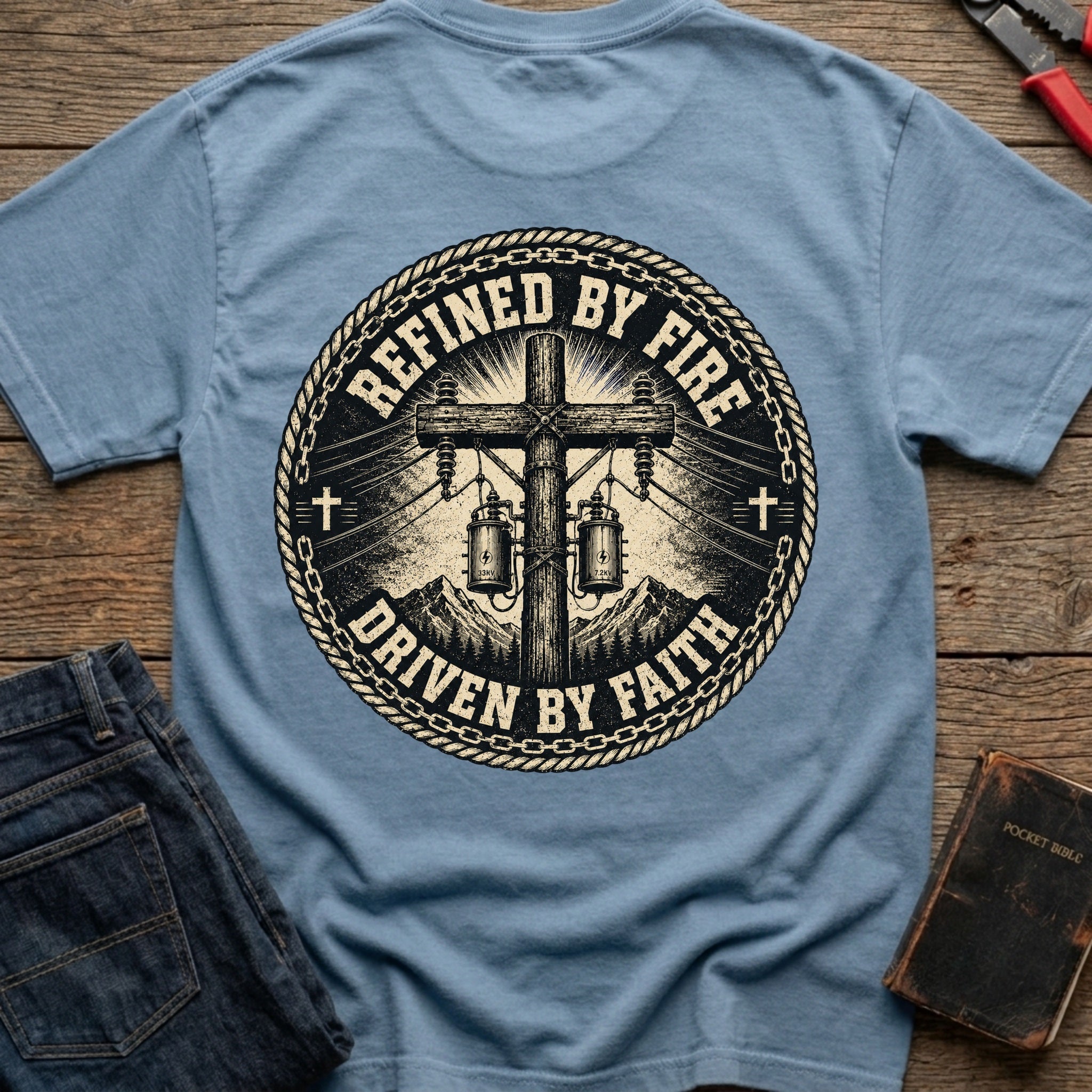 CrossGritOS|asset=43|template=6|color=Blue Jean|view=back|file=Refined-By-Fire-Driven-By-Faith-T-Shirt-6a553eea4c3e40d240089410-printify-art-1-2_Blue-Jean_back_template-6.jpg