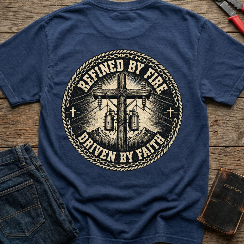 CrossGritOS|asset=43|template=2|color=Navy|view=back|file=Refined-By-Fire-Driven-By-Faith-T-Shirt-6a553eea4c3e40d240089410-printify-art-1-2_Navy_back_template-2.jpg