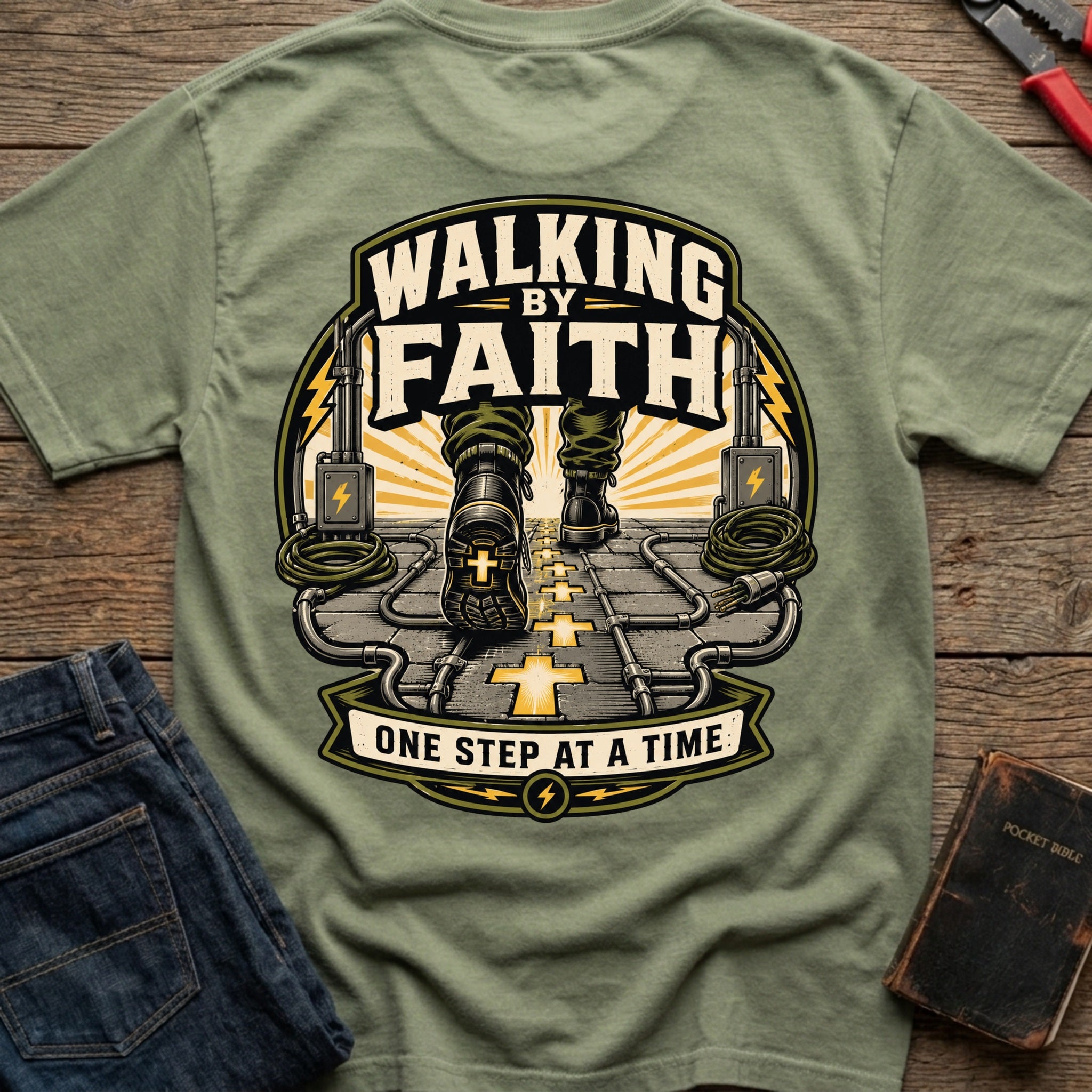 CrossGritOS|asset=88|template=5|color=Moss|view=back|file=Walk-By-Faith-One-Step-At-A-Time-T-Shirt-6a4d3b07f81c32f26d0f505b-printify-art-1-2_Moss_back_template-5.jpg